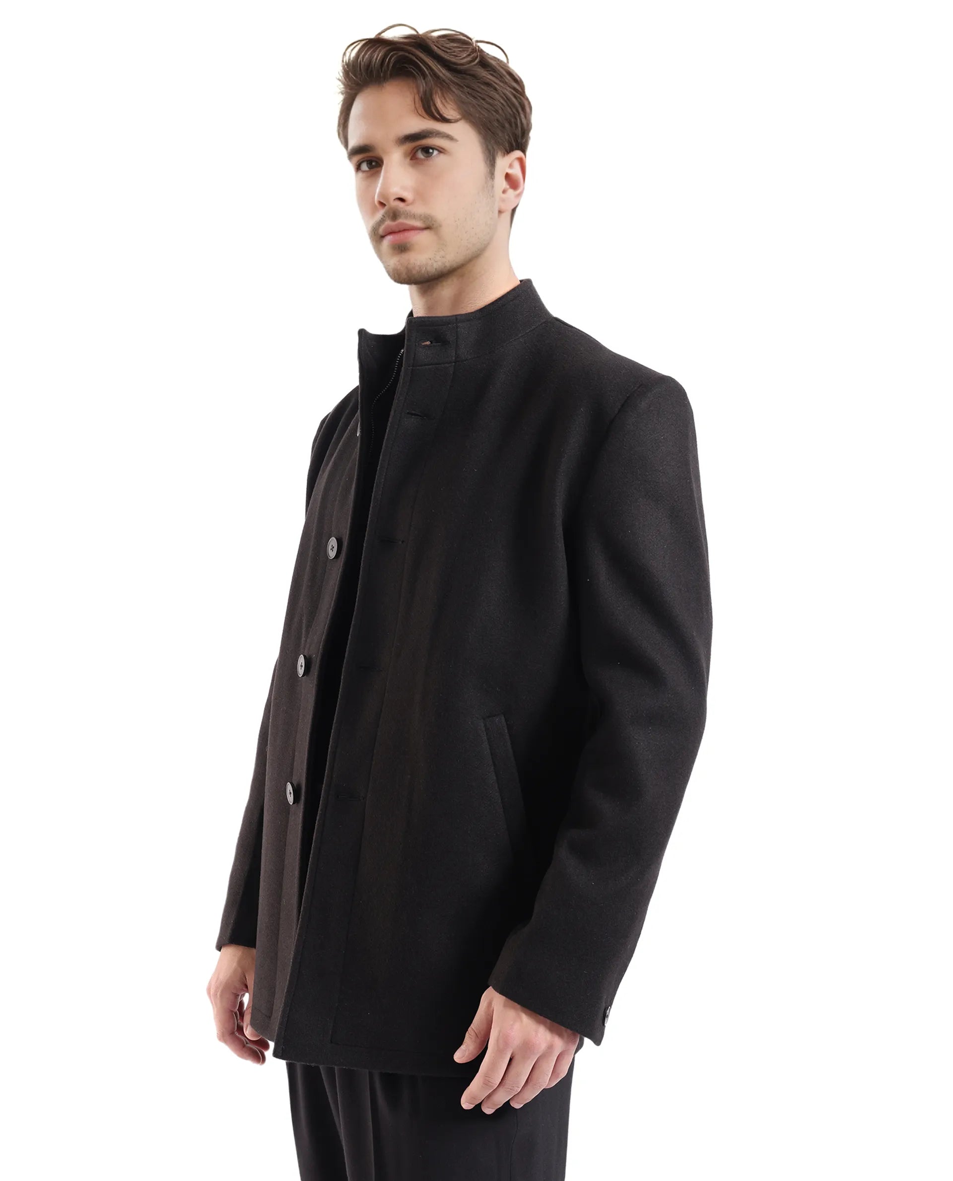 Rare Rabbit Men Fanzo Black Polyester Rayon Fabric Full Sleeve Curved Collar Plain Coat