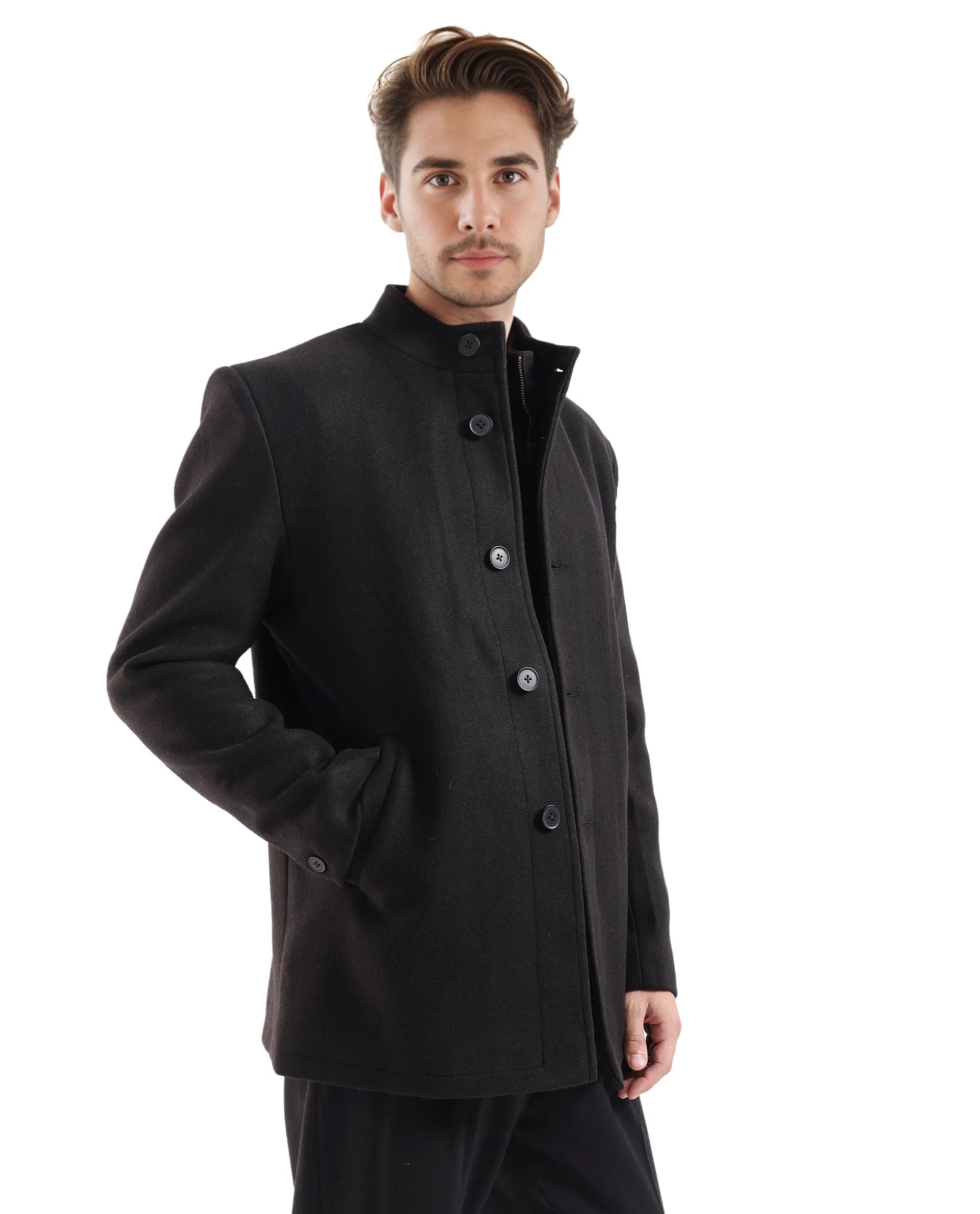 Rare Rabbit Men Fanzo Black Polyester Rayon Fabric Full Sleeve Curved Collar Plain Coat
