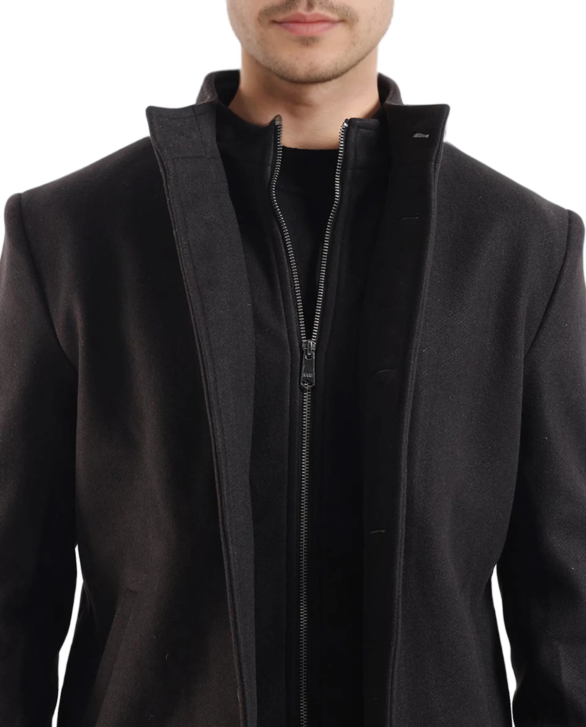 Rare Rabbit Men Fanzo Black Polyester Rayon Fabric Full Sleeve Curved Collar Plain Coat