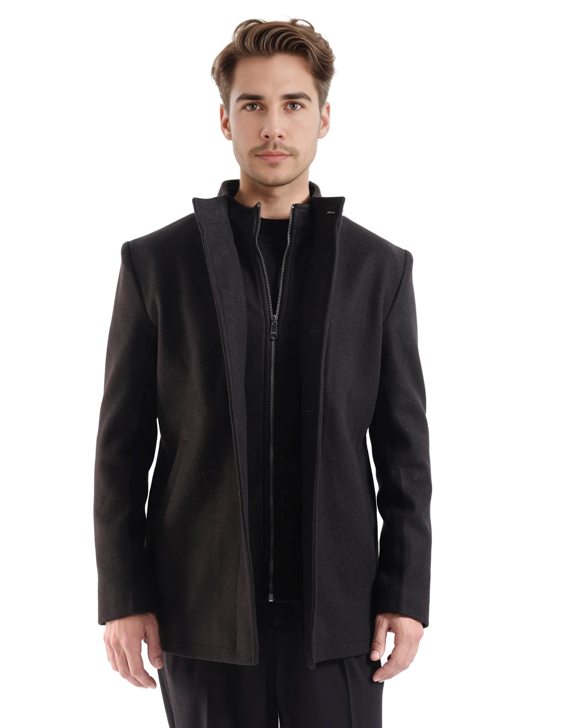 Rare Rabbit Men Fanzo Black Polyester Rayon Fabric Full Sleeve Curved Collar Plain Coat