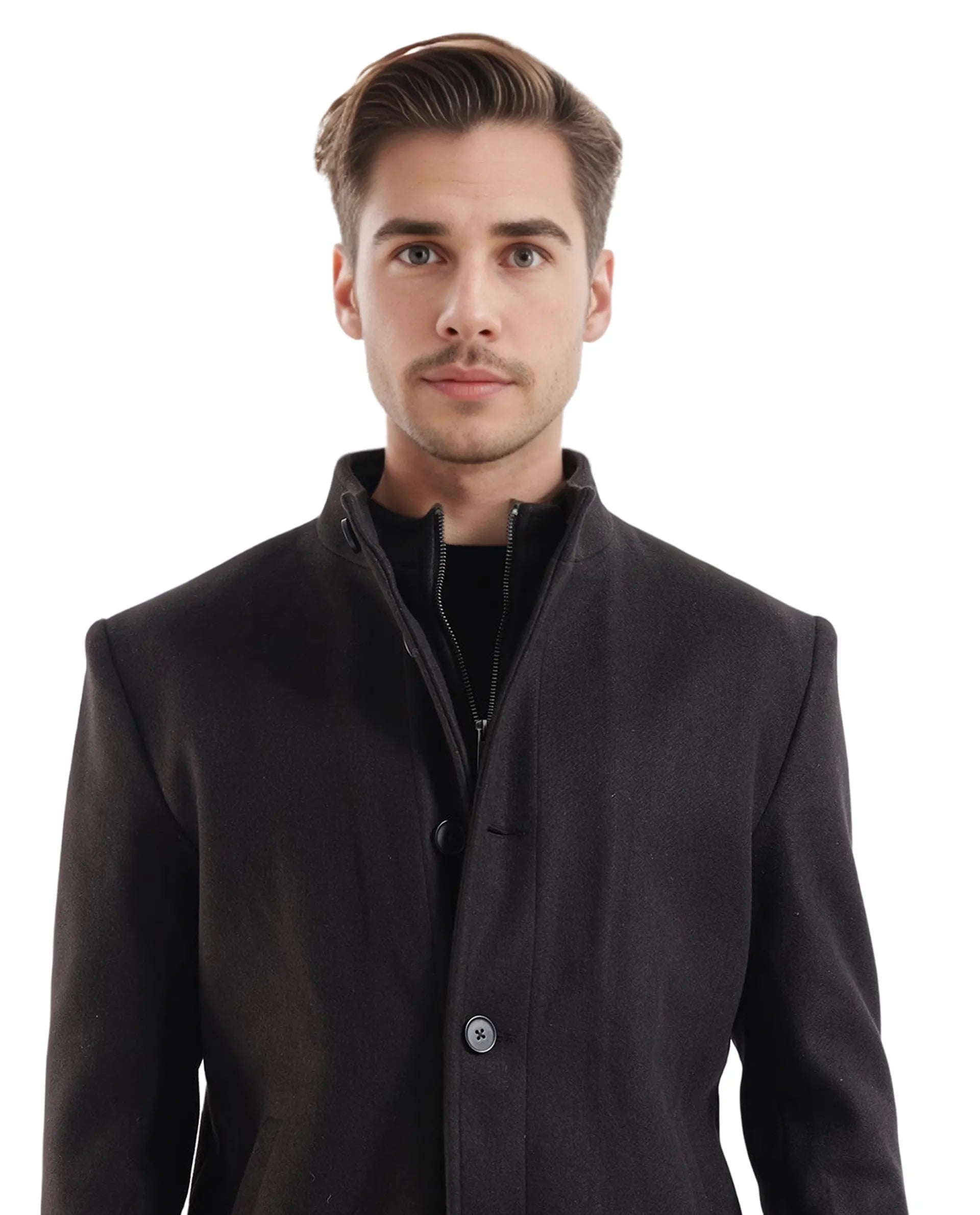 Rare Rabbit Men Fanzo Black Polyester Rayon Fabric Full Sleeve Curved Collar Plain Coat