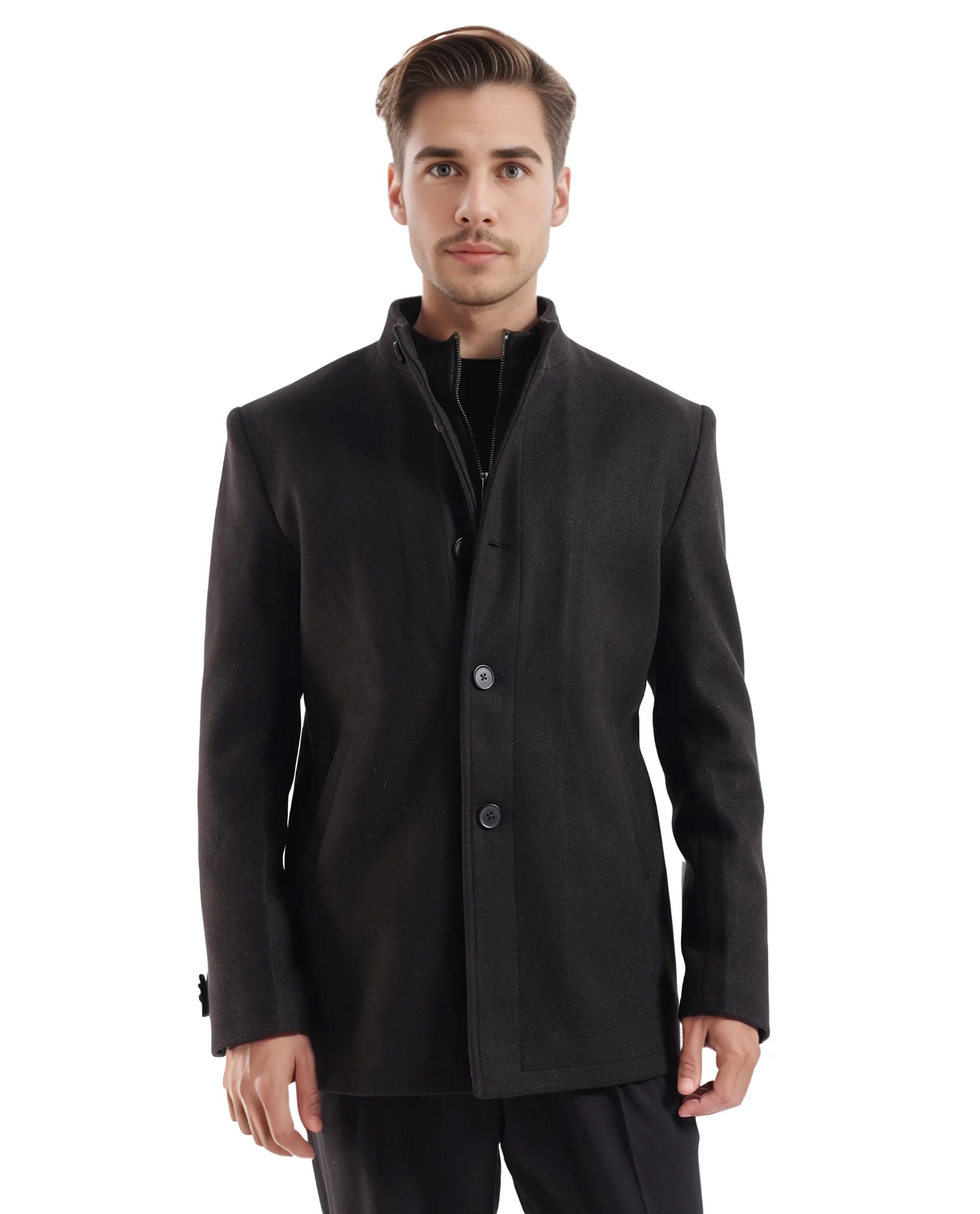 Rare Rabbit Men Fanzo Black Polyester Rayon Fabric Full Sleeve Curved Collar Plain Coat