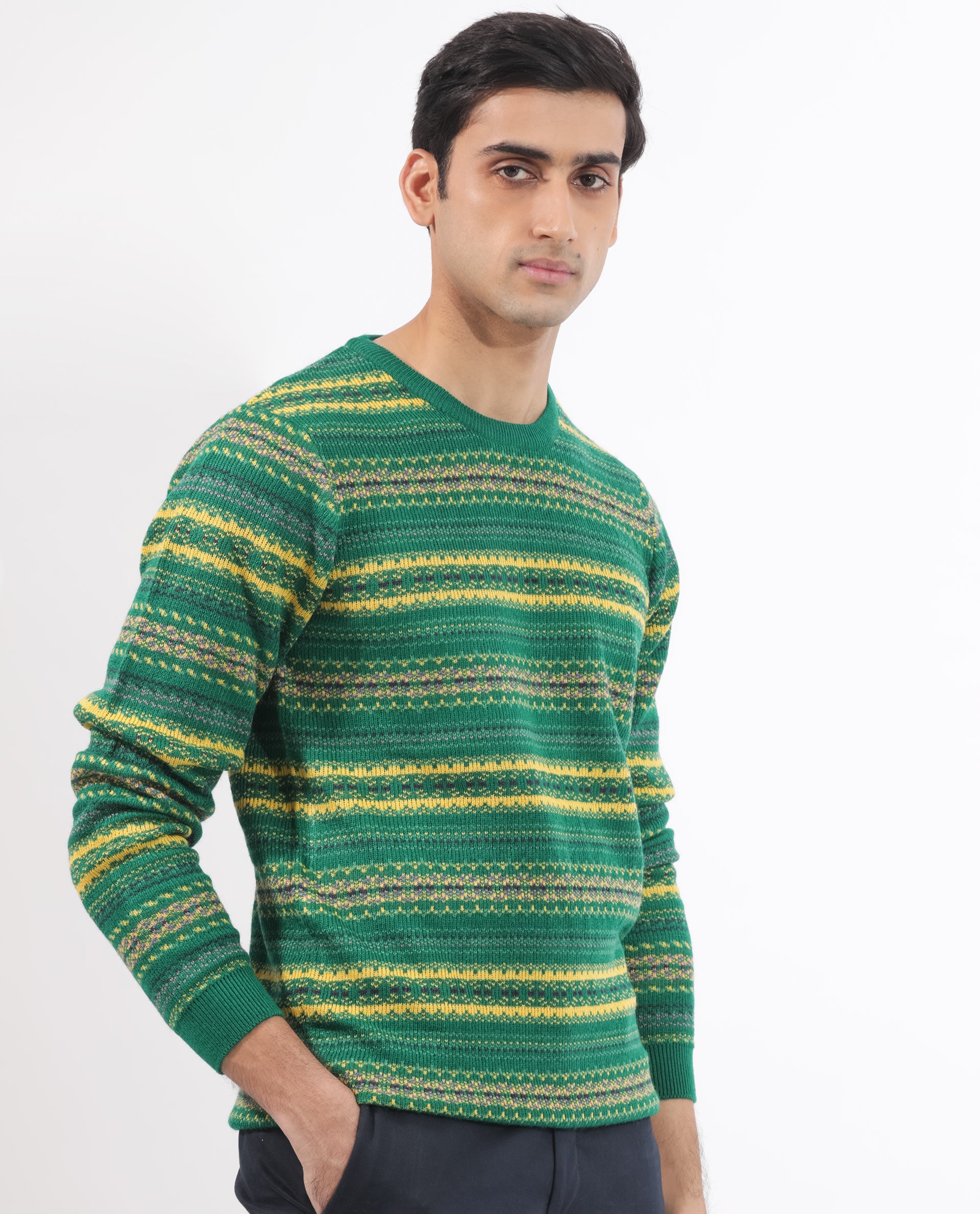 Rare Rabbit Mens Fare Green Full Sleeve Crew Neck Stripe Sweater