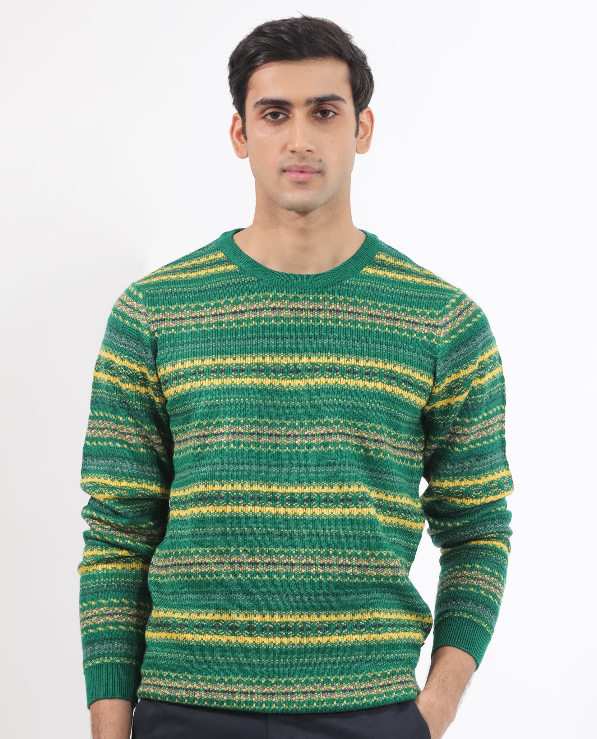Rare Rabbit Mens Fare Green Full Sleeve Crew Neck Stripe Sweater