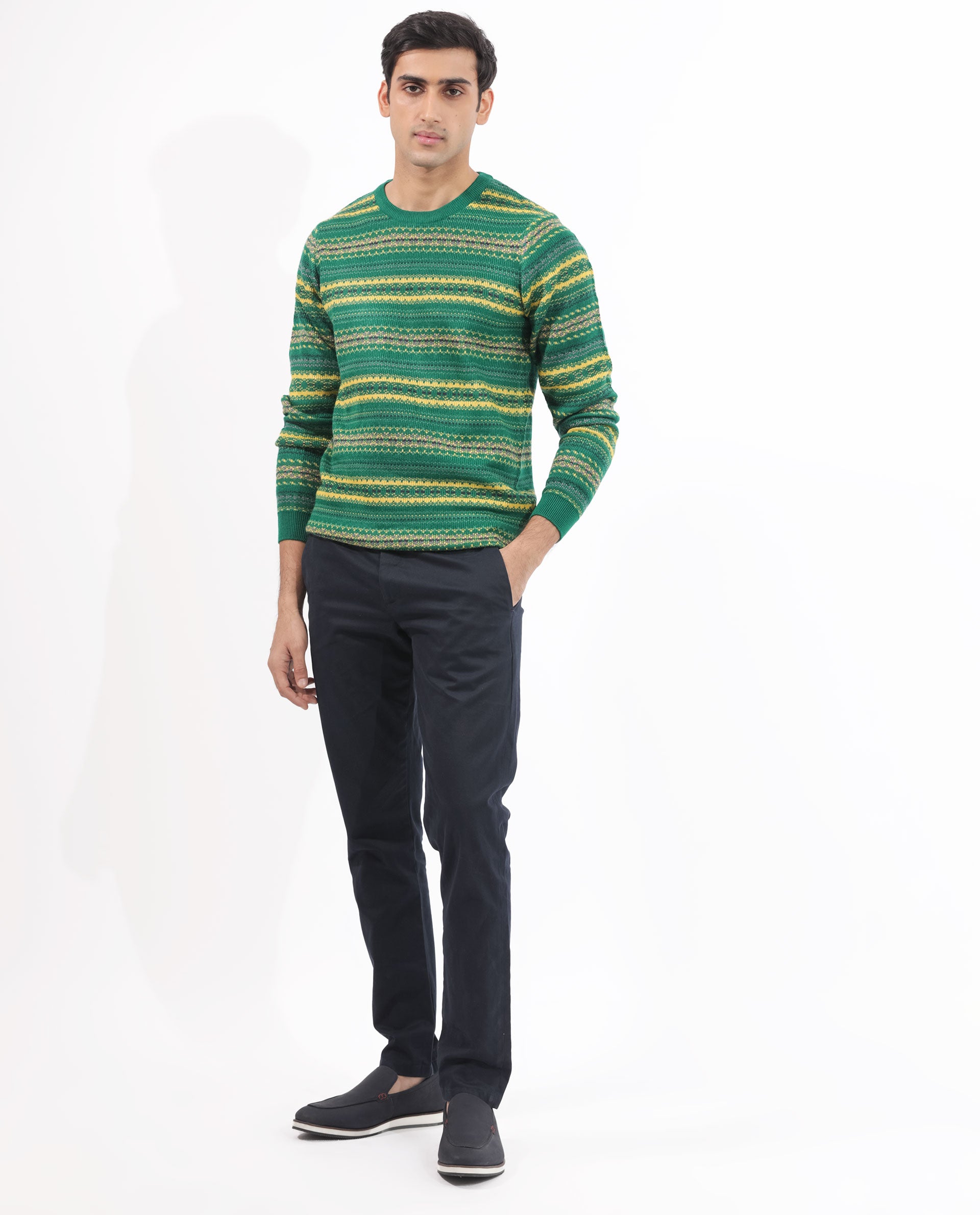 Rare Rabbit Mens Fare Green Full Sleeve Crew Neck Stripe Sweater