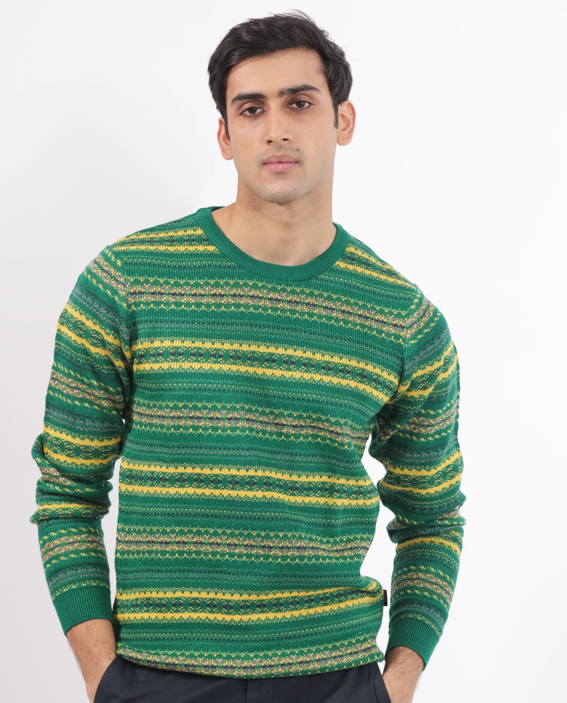 Rare Rabbit Mens Fare Green Full Sleeve Crew Neck Stripe Sweater