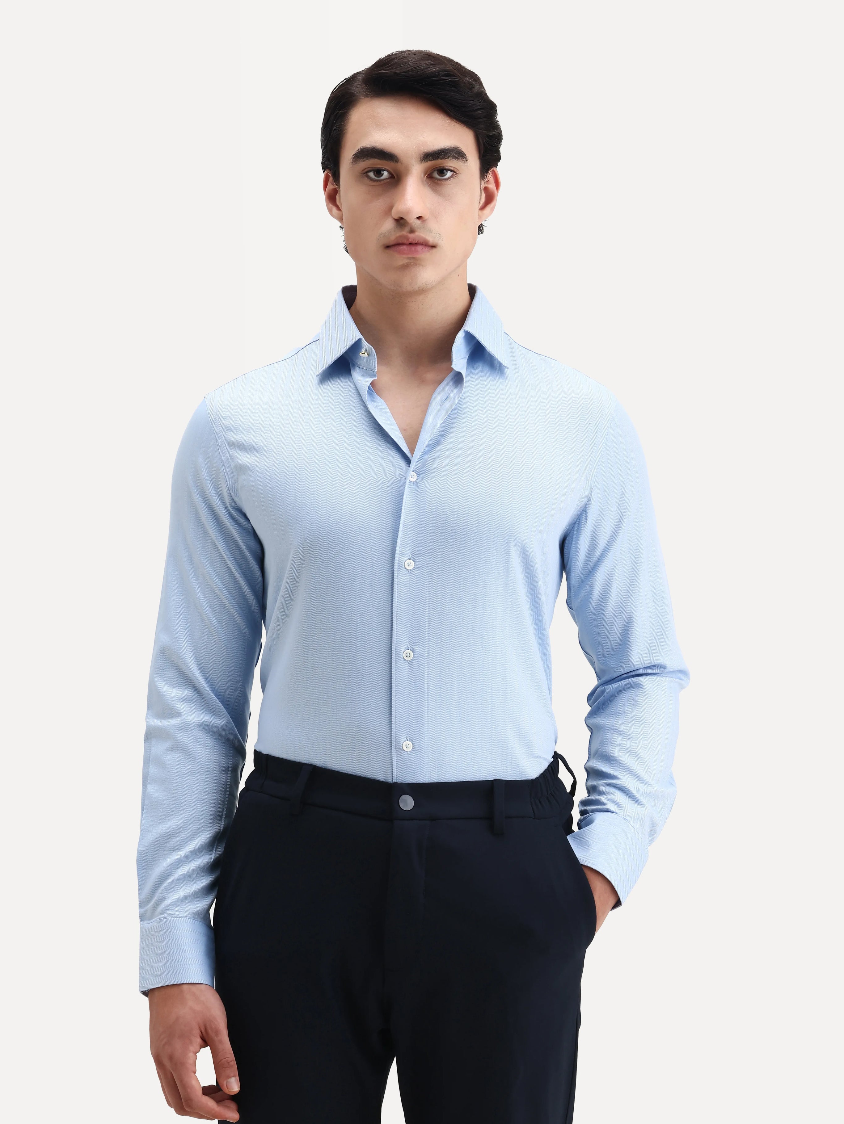 Rare Rabbit Men's Fargo Blue Plain Regular Fit Full Sleeve Collared Shirt