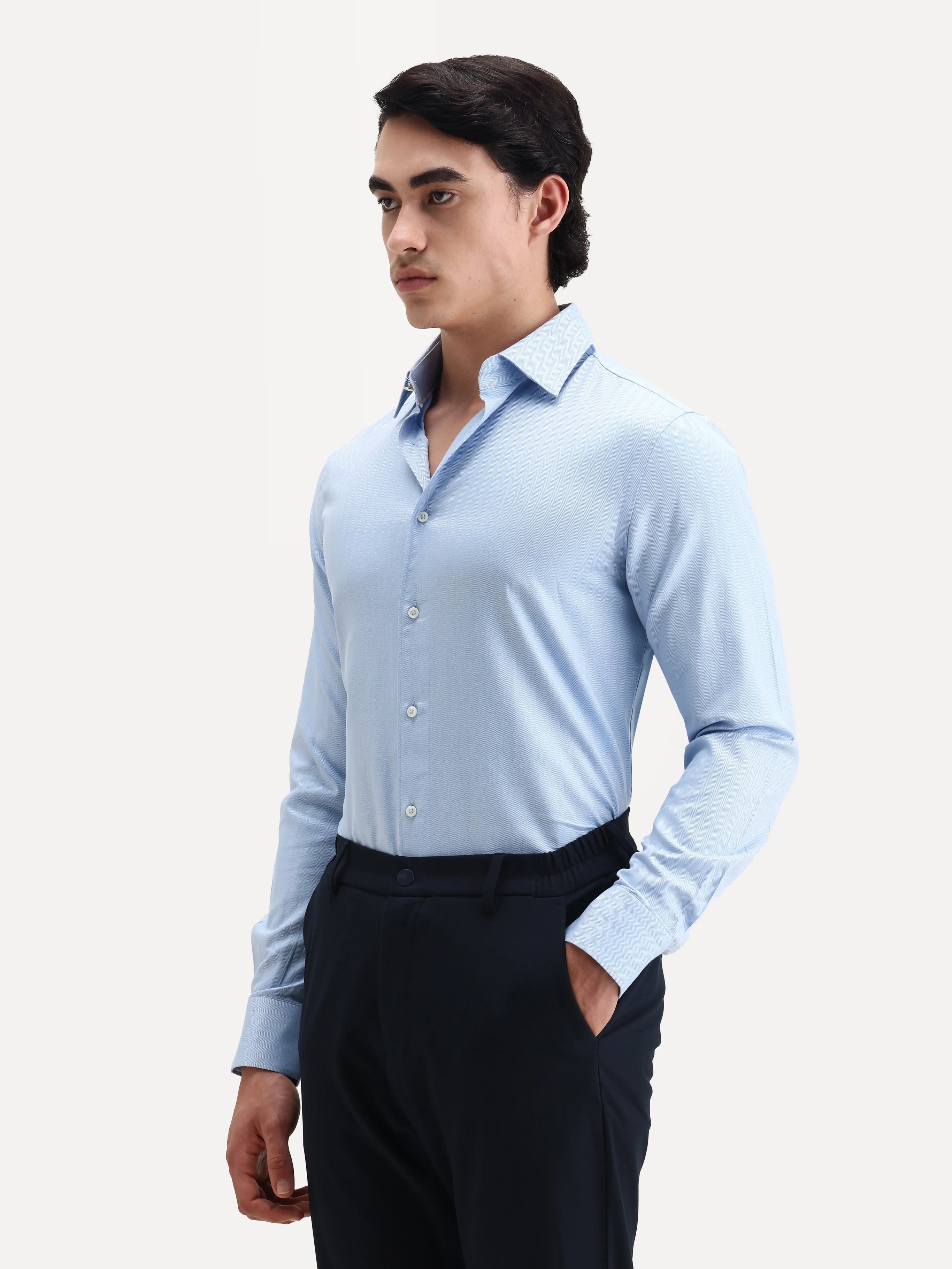 Rare Rabbit Men's Fargo Blue Plain Regular Fit Full Sleeve Collared Shirt