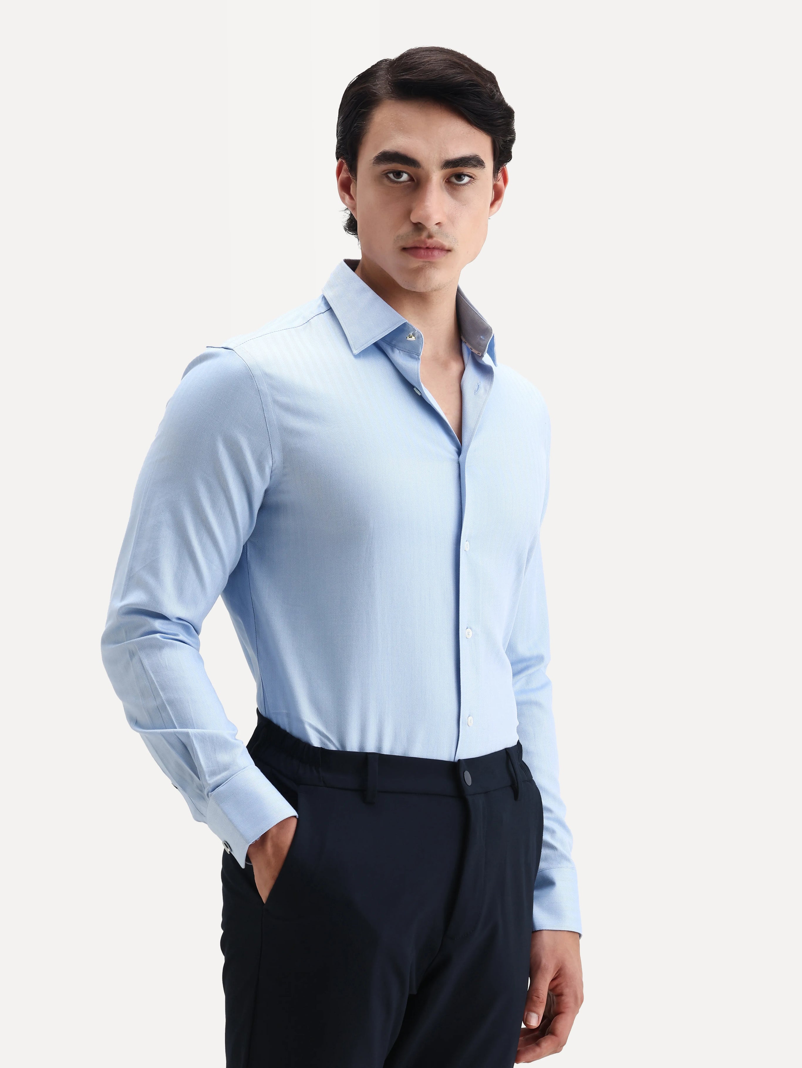 Rare Rabbit Men's Fargo Blue Plain Regular Fit Full Sleeve Collared Shirt