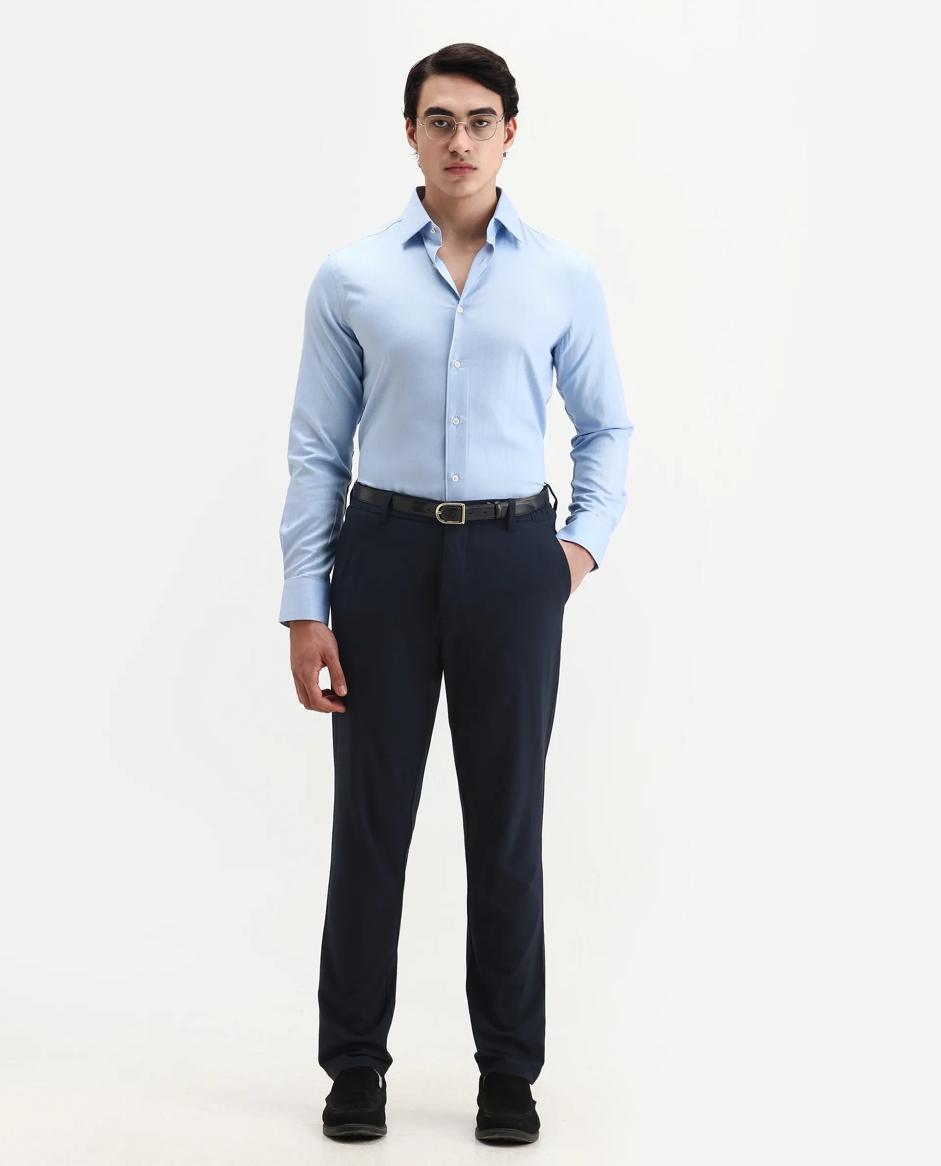 Rare Rabbit Men's Fargo Blue Plain Regular Fit Full Sleeve Collared Shirt