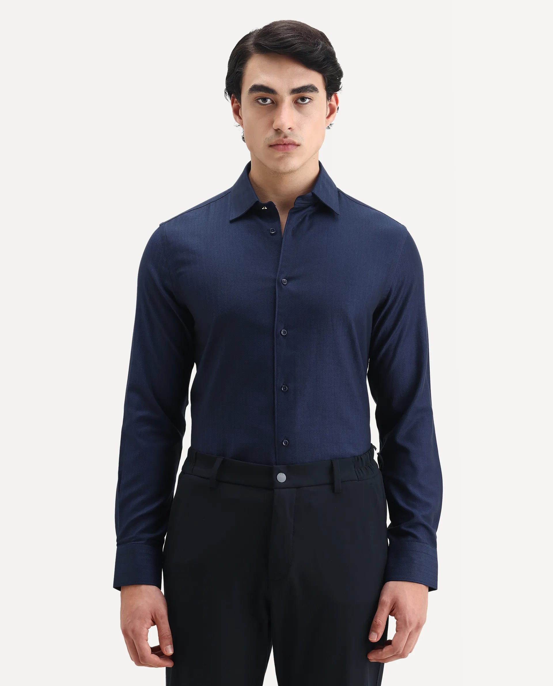 Rare Rabbit Men's Fargo Dark Navy Cotton Plain Regular Fit Full Sleeve Collared Shirt