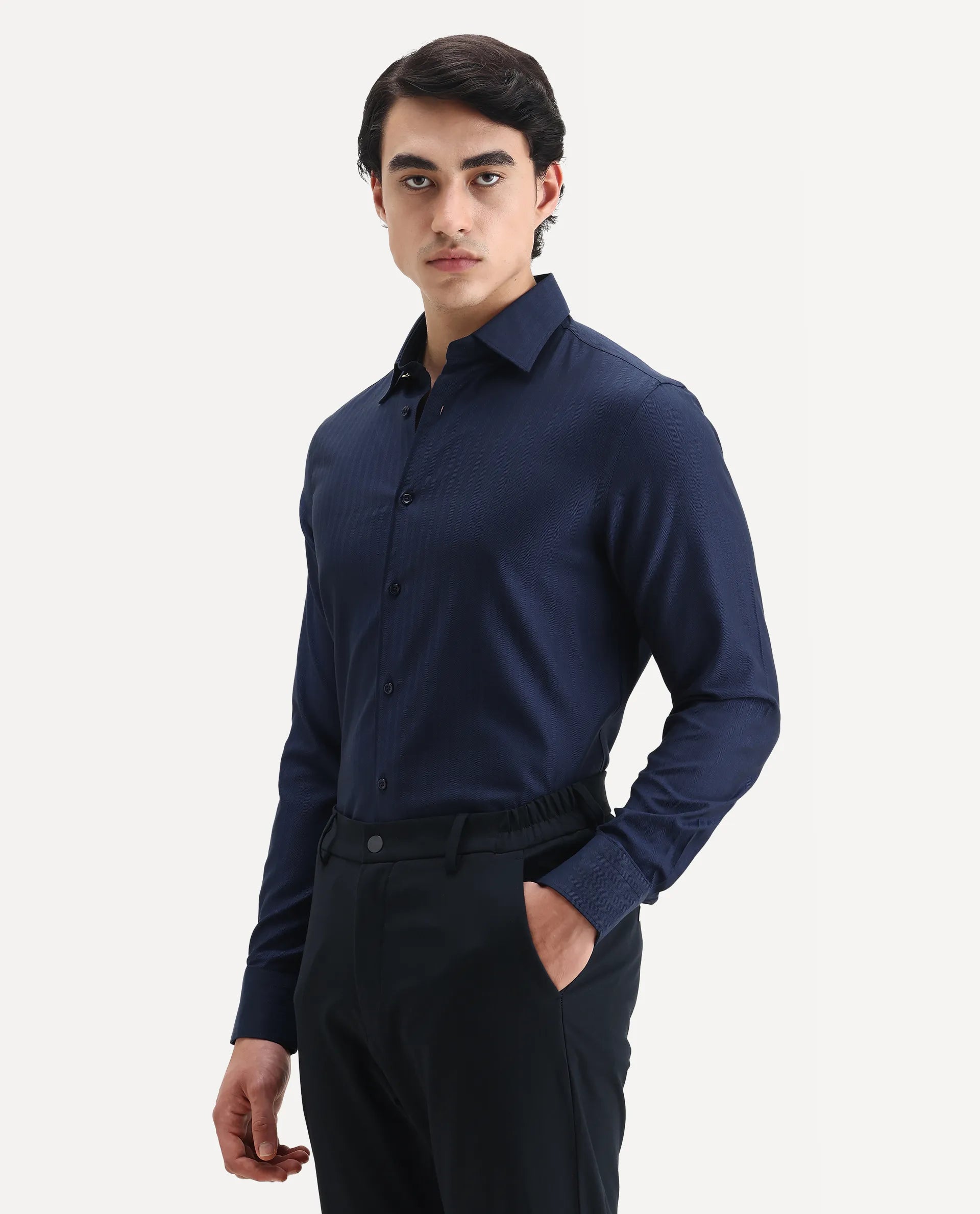 Rare Rabbit Men's Fargo Dark Navy Cotton Plain Regular Fit Full Sleeve Collared Shirt