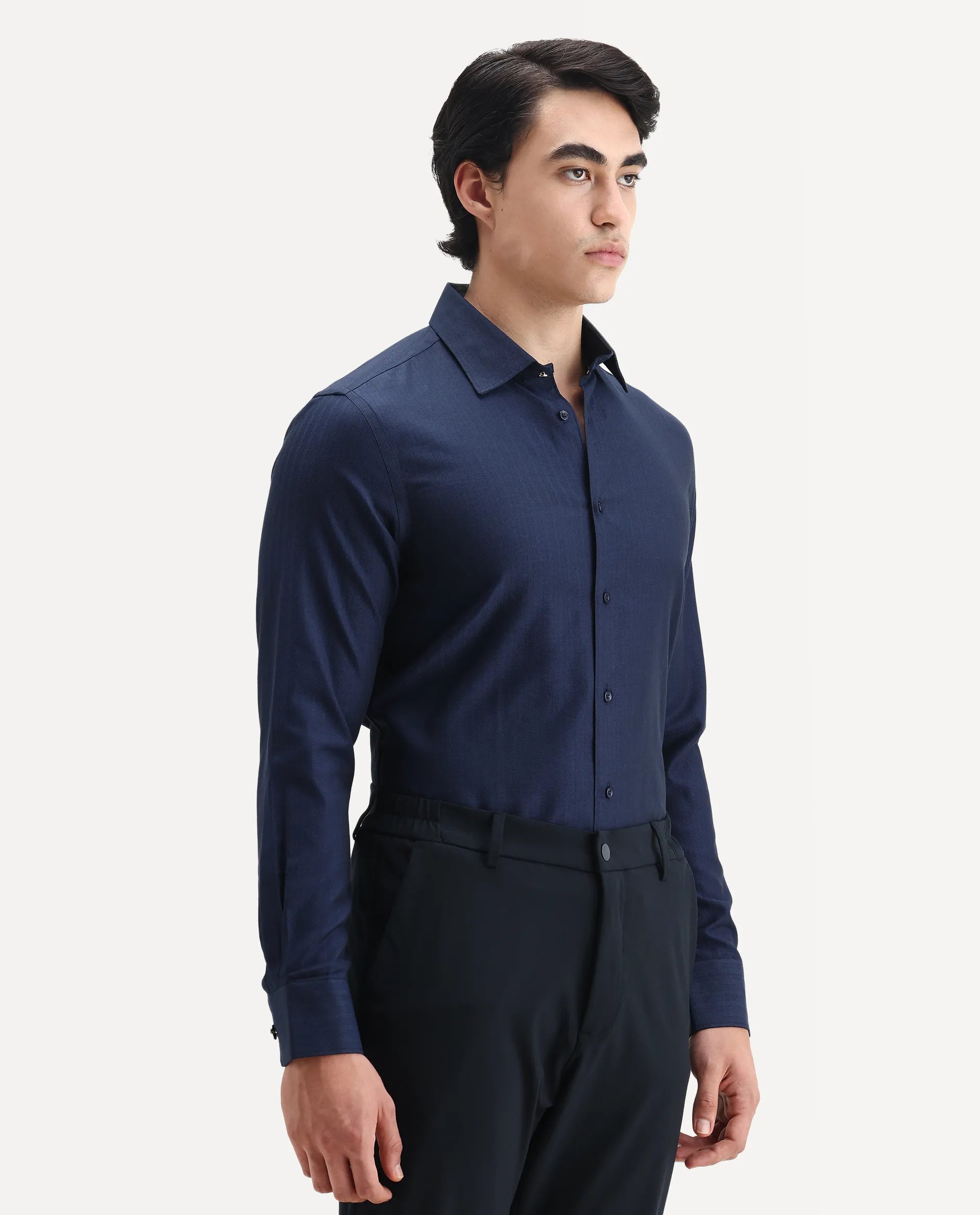 Rare Rabbit Men's Fargo Dark Navy Cotton Plain Regular Fit Full Sleeve Collared Shirt