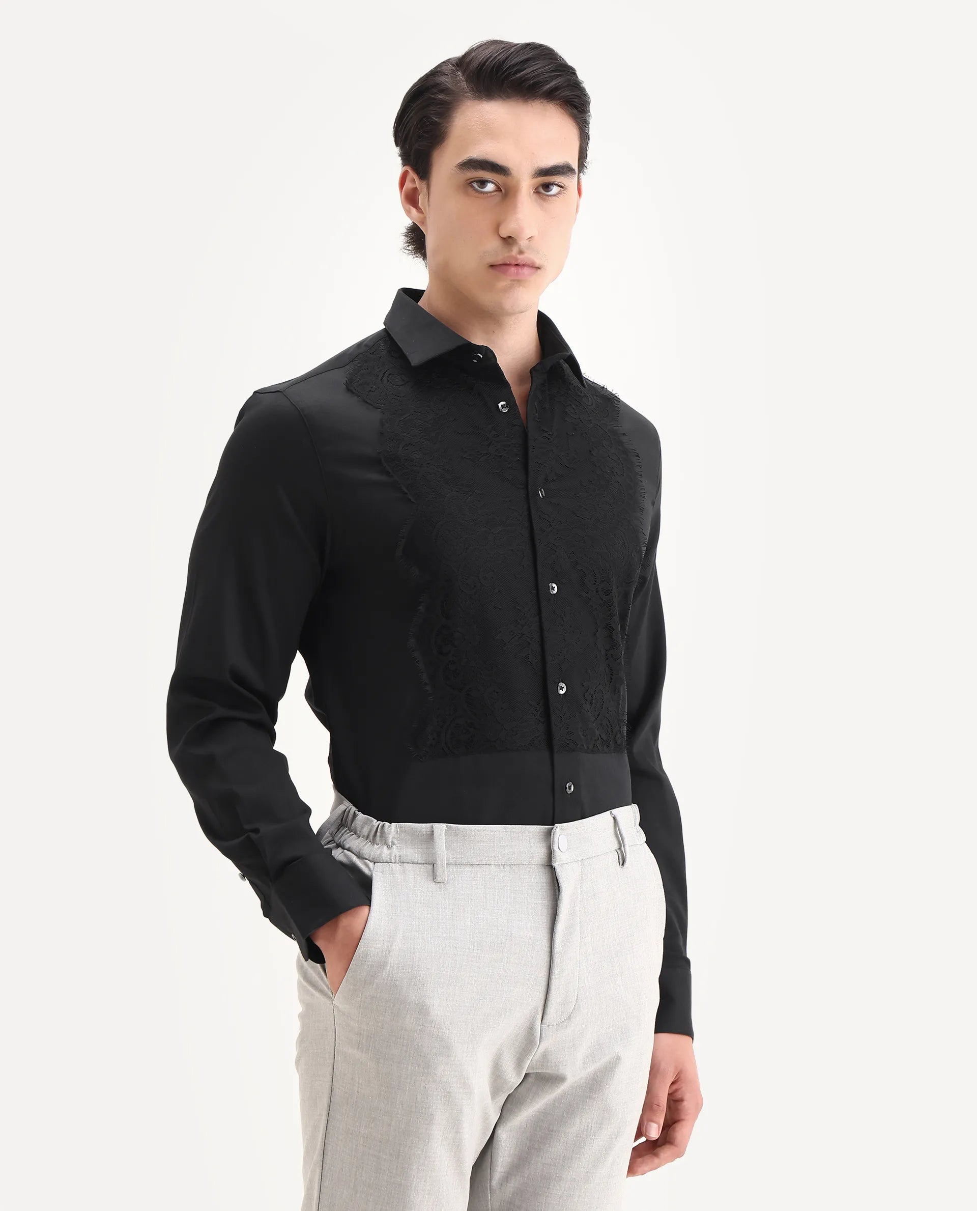 Rare Rabbit Men's Faro-2 Black Cotton Embroidered Regular Fit Full Sleeve Collared Shirt