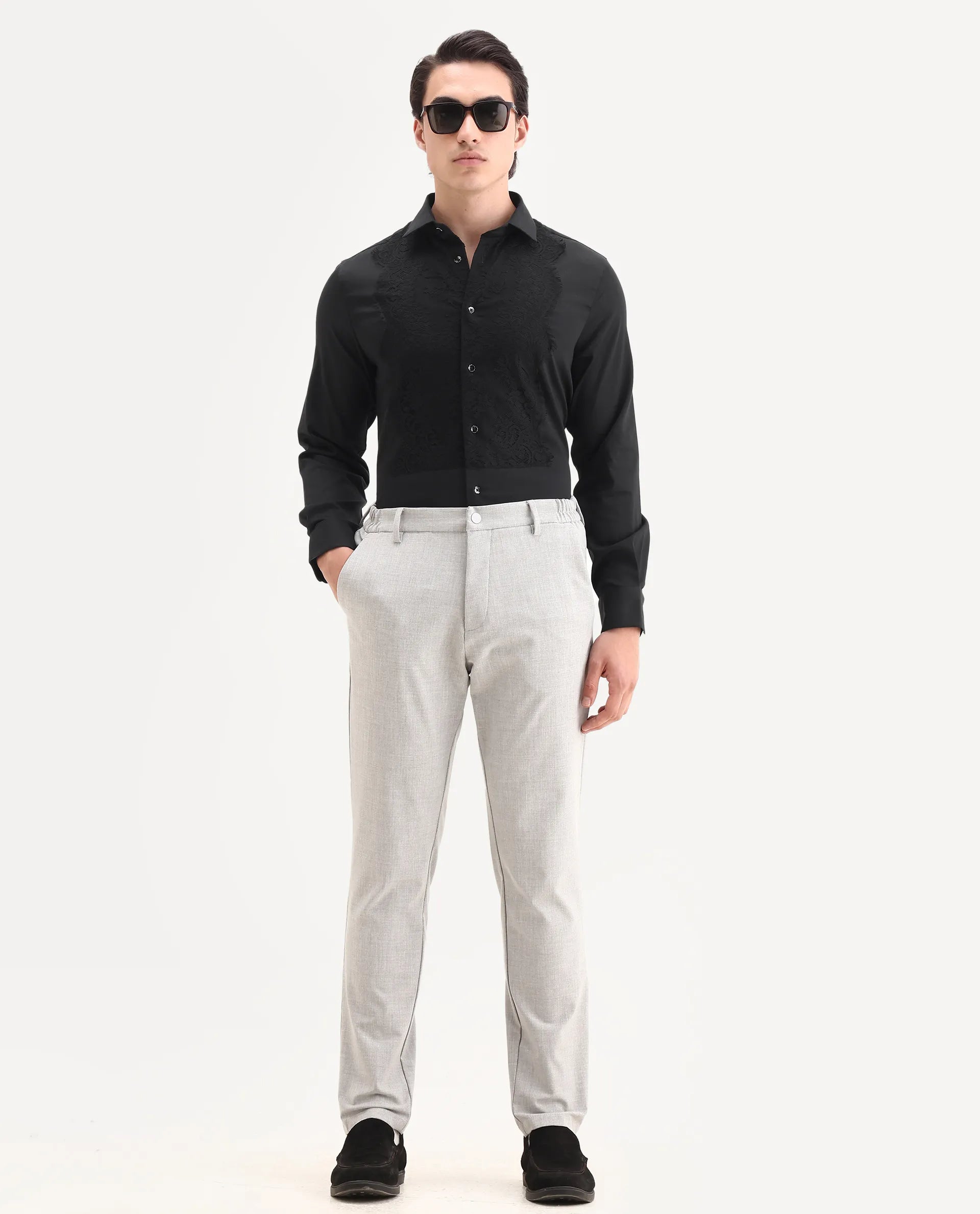 Rare Rabbit Men's Faro-2 Black Cotton Embroidered Regular Fit Full Sleeve Collared Shirt