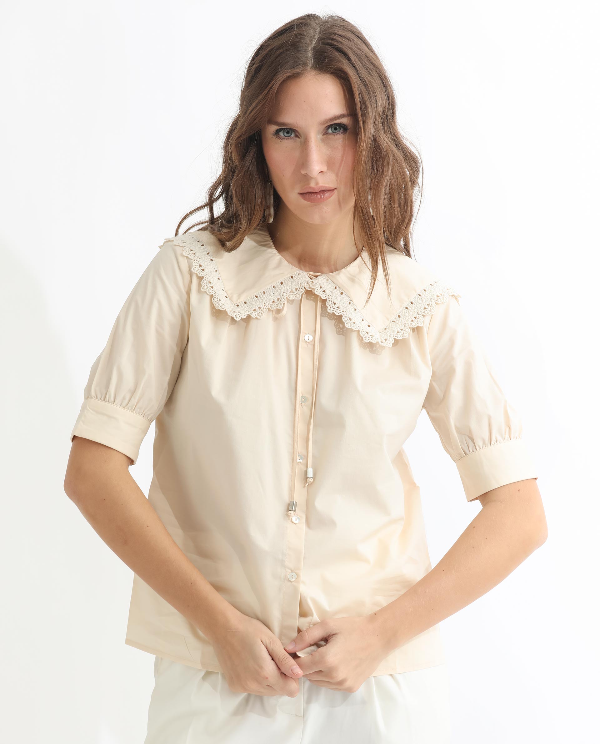 Rareism Women Farse Light Beige Polyester Fabric Regular Fit Shirt Collar Half Sleeves Solid Top