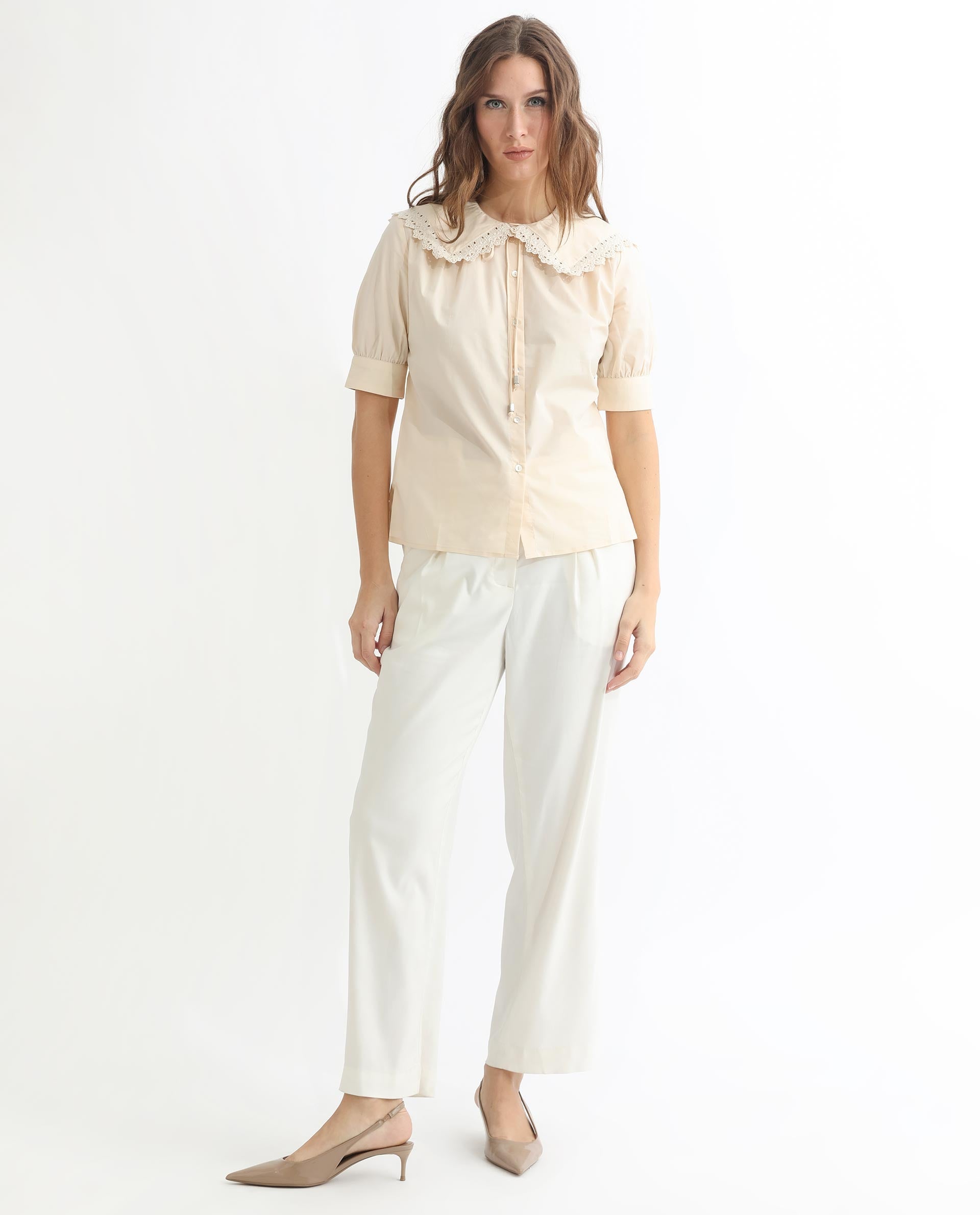 Rareism Women Farse Light Beige Polyester Fabric Regular Fit Shirt Collar Half Sleeves Solid Top