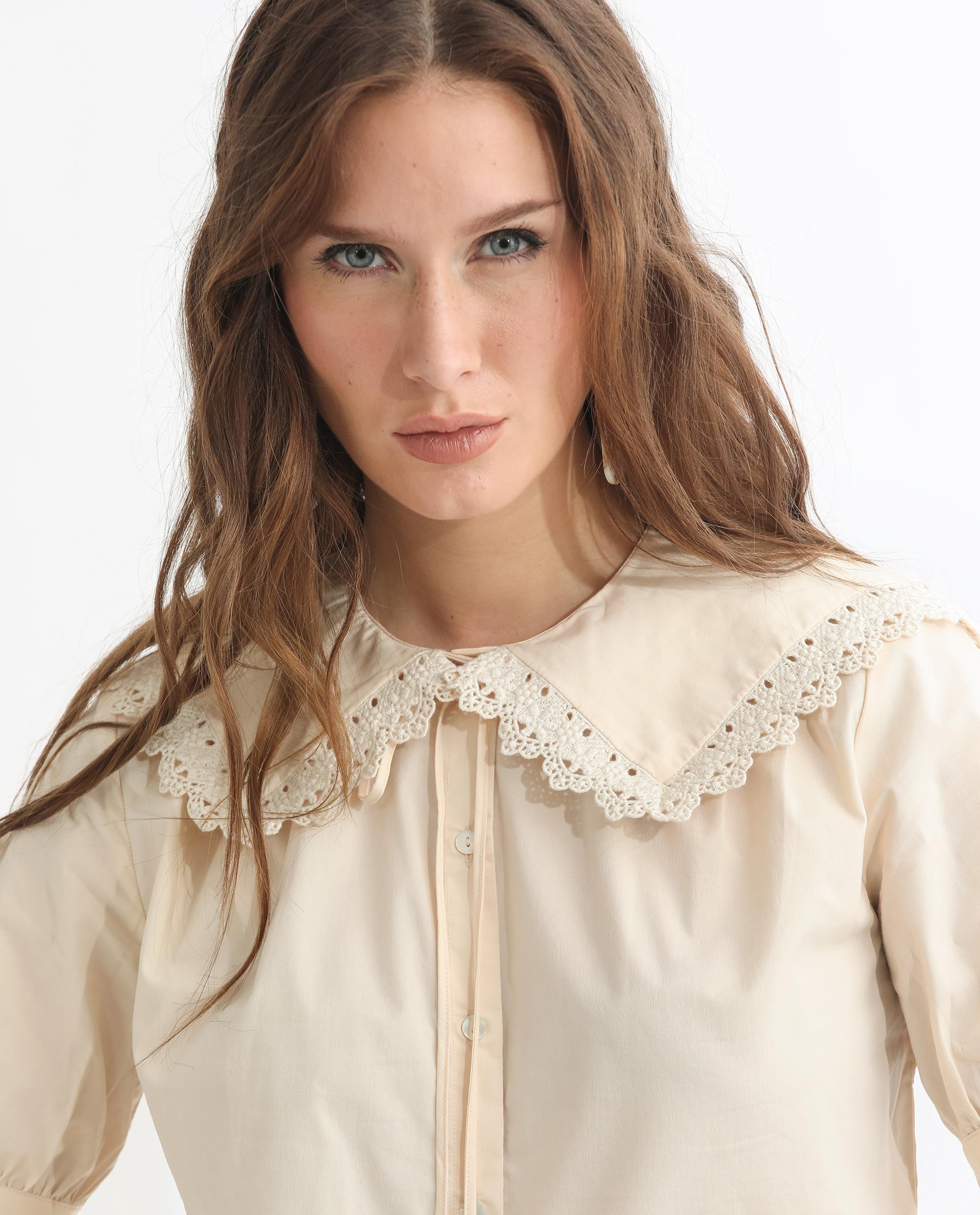 Rareism Women Farse Light Beige Polyester Fabric Regular Fit Shirt Collar Half Sleeves Solid Top