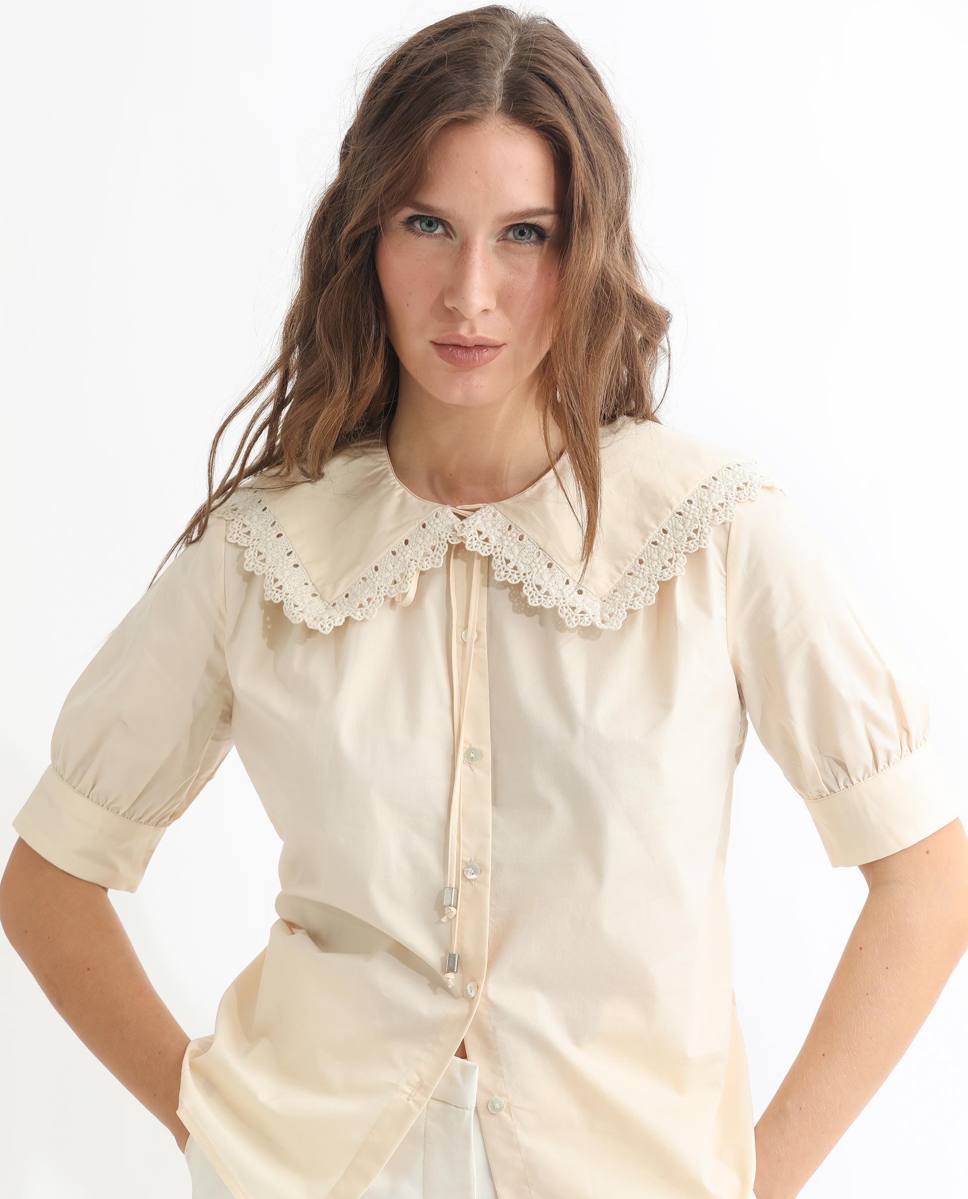 Rareism Women Farse Light Beige Polyester Fabric Regular Fit Shirt Collar Half Sleeves Solid Top