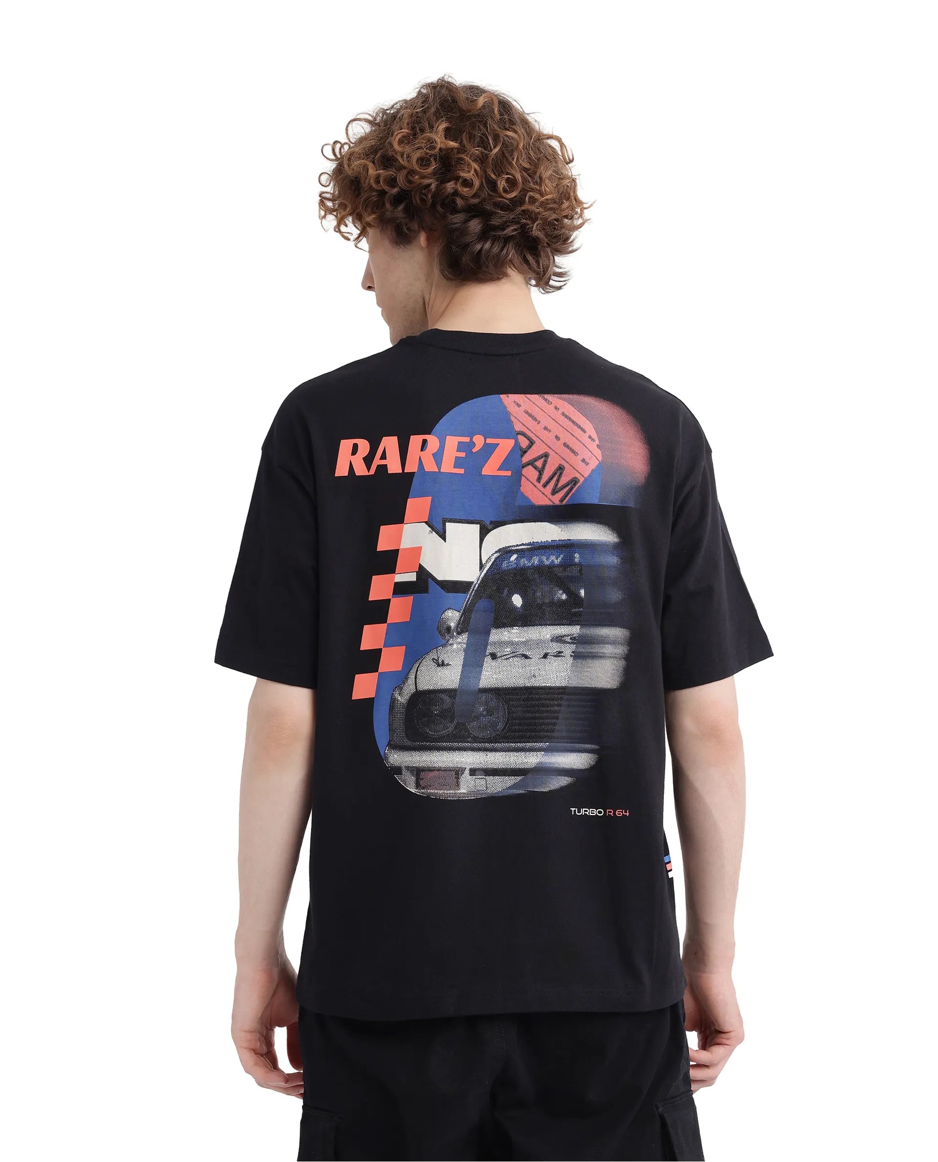 Rare Rabbit Men Fast Black Cotton Fabric Short Sleeve Crew Neck Oversized Fit HD Print T-Shirt