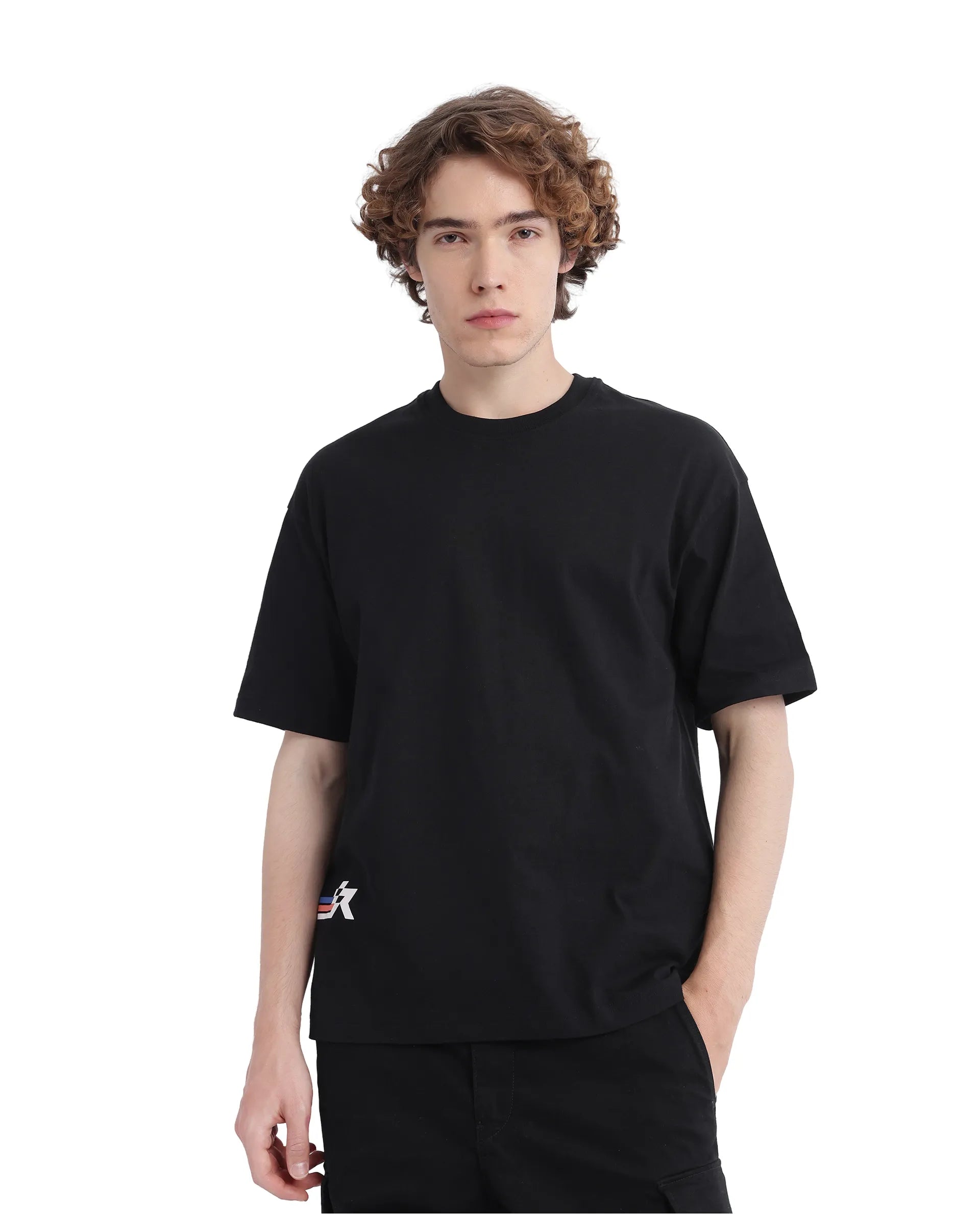 Rare Rabbit Men Fast Black Cotton Fabric Short Sleeve Crew Neck Oversized Fit HD Print T-Shirt