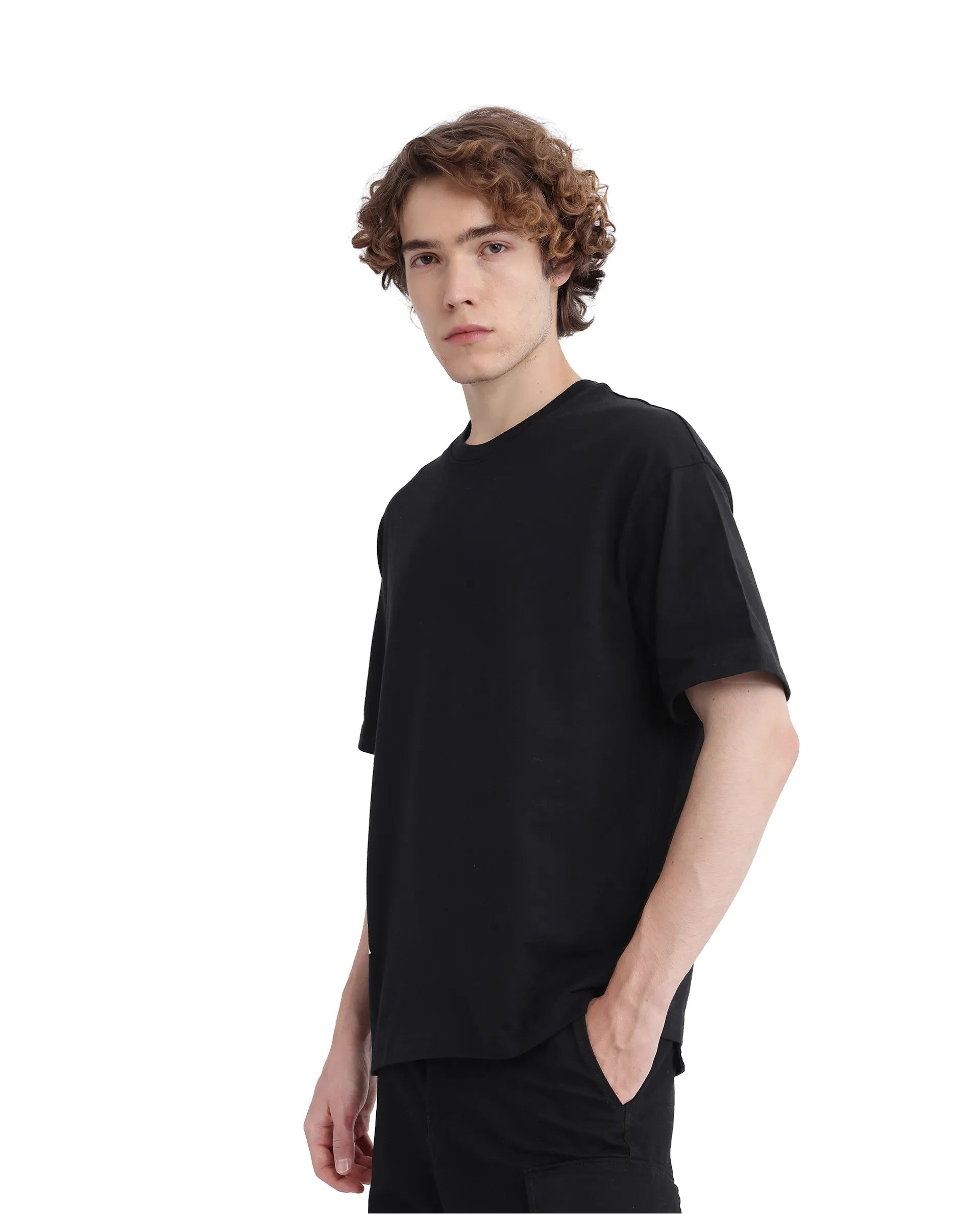 Rare Rabbit Men Fast Black Cotton Fabric Short Sleeve Crew Neck Oversized Fit HD Print T-Shirt