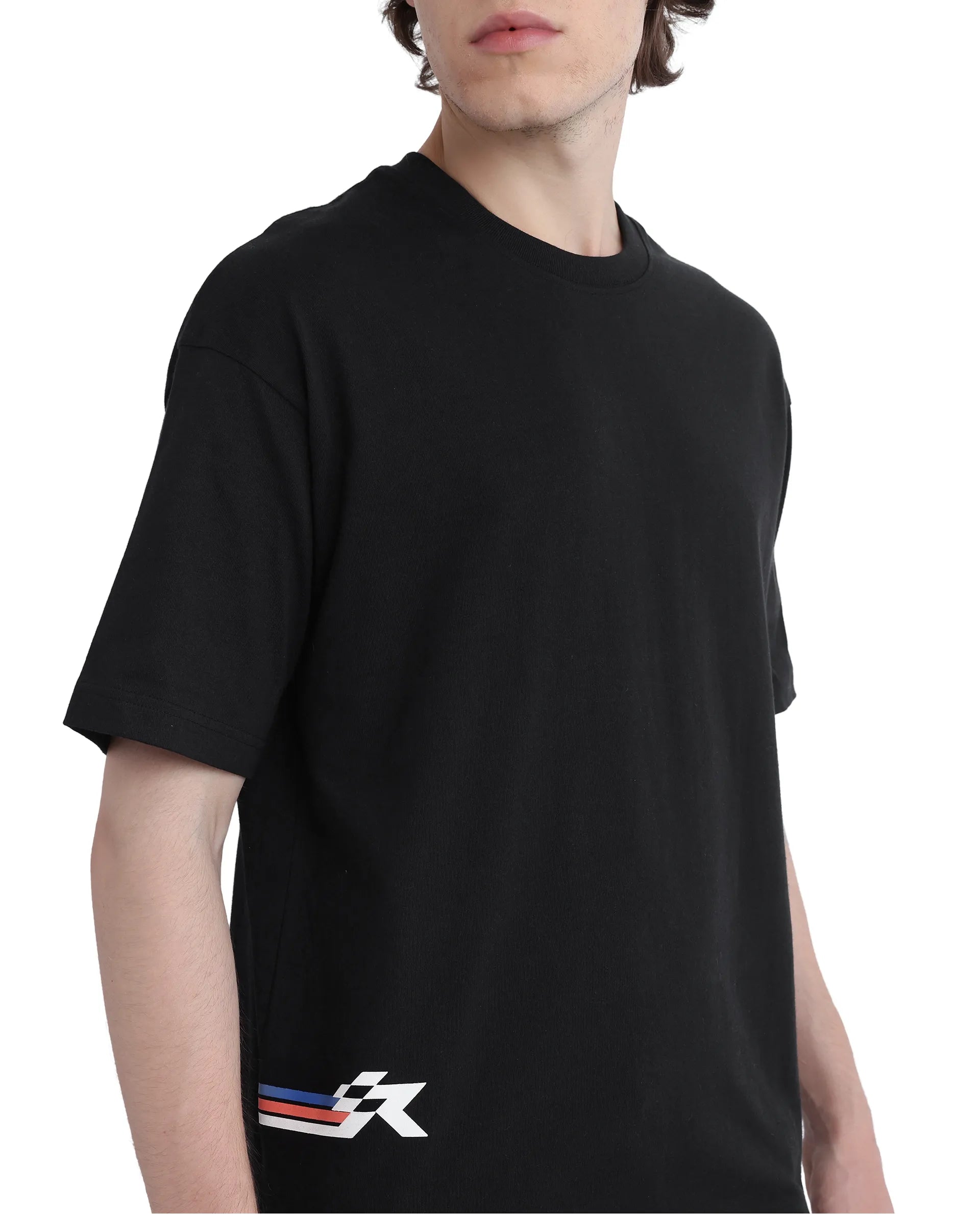 Rare Rabbit Men Fast Black Cotton Fabric Short Sleeve Crew Neck Oversized Fit HD Print T-Shirt