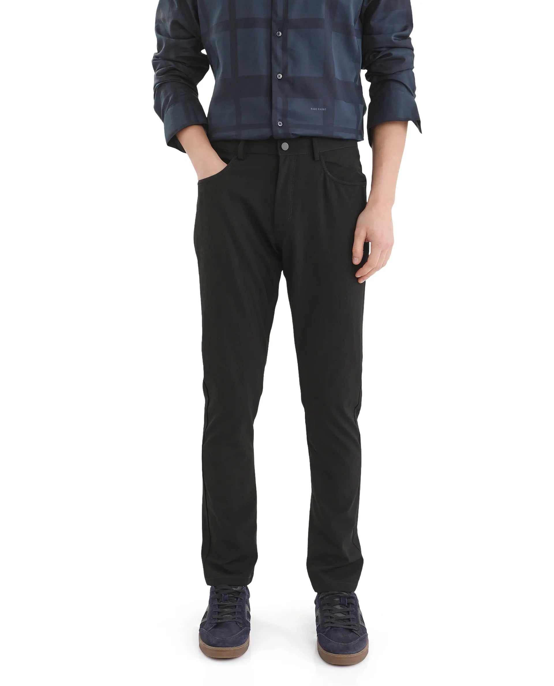 Rare Rabbit Men Fastro Black Button Closure Regular Fit Plain Trouser