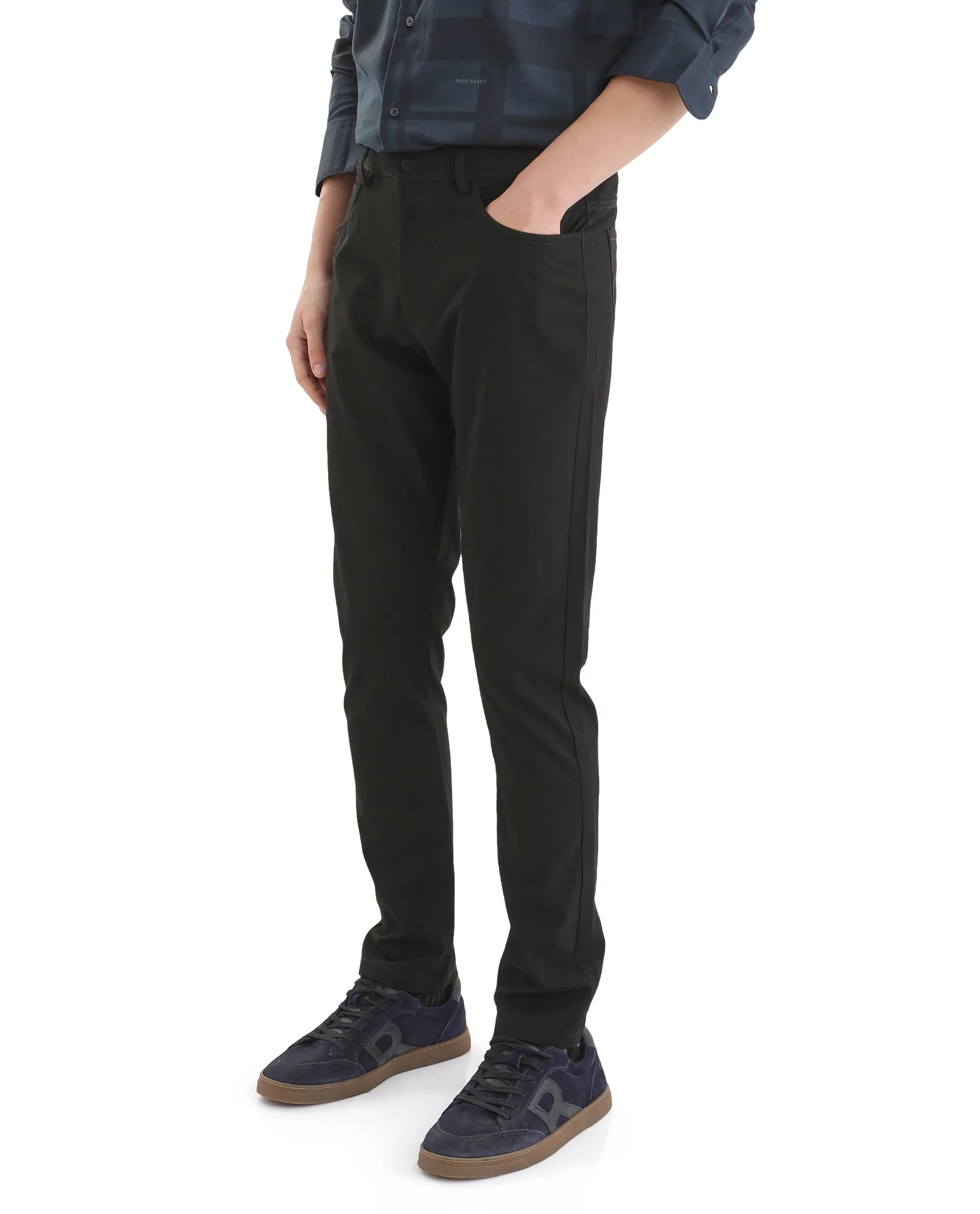 Rare Rabbit Men Fastro Black Button Closure Regular Fit Plain Trouser