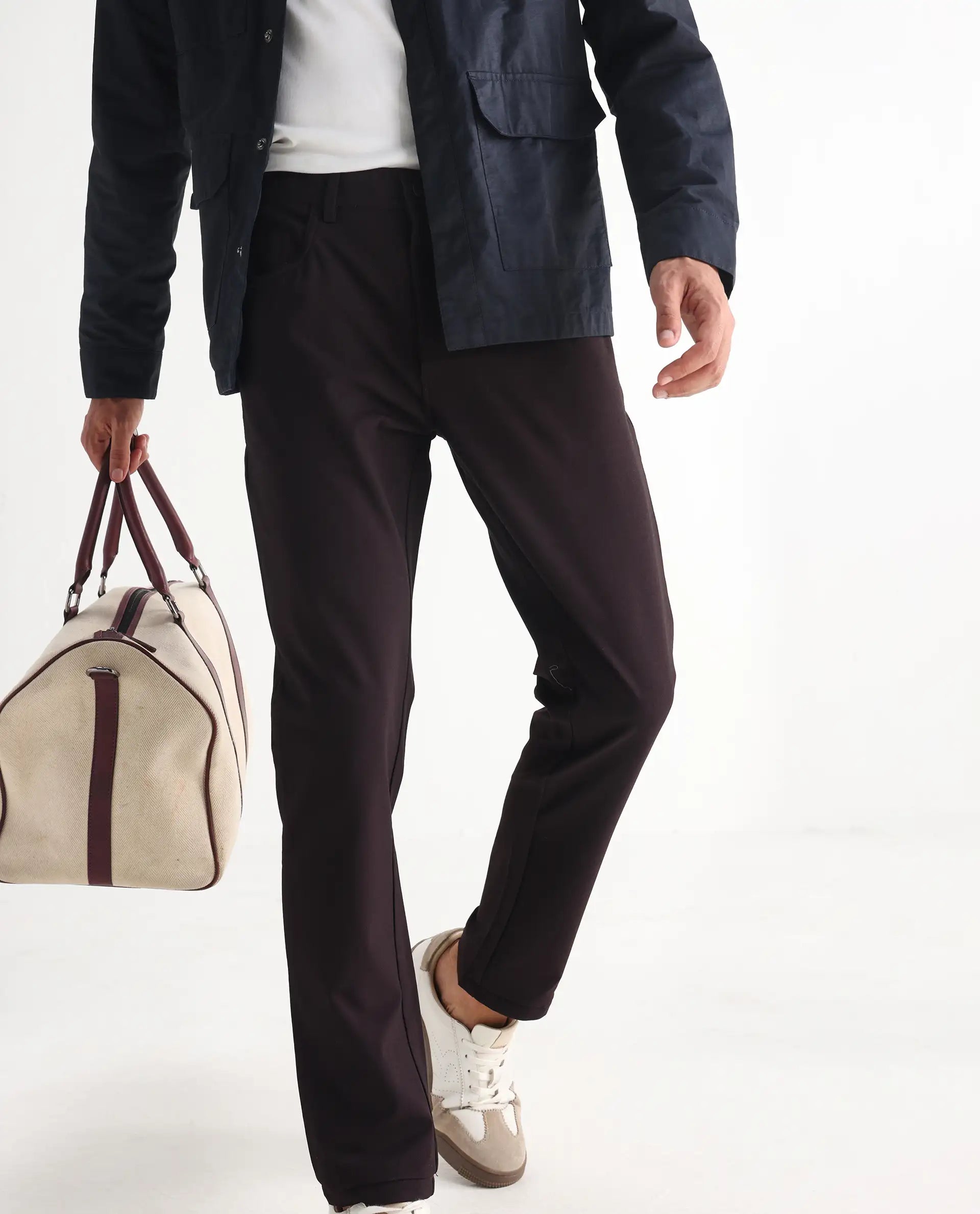 Rare Rabbit Men's Fastro Dark Maroon Cotton Plain Regular Fit Trouser