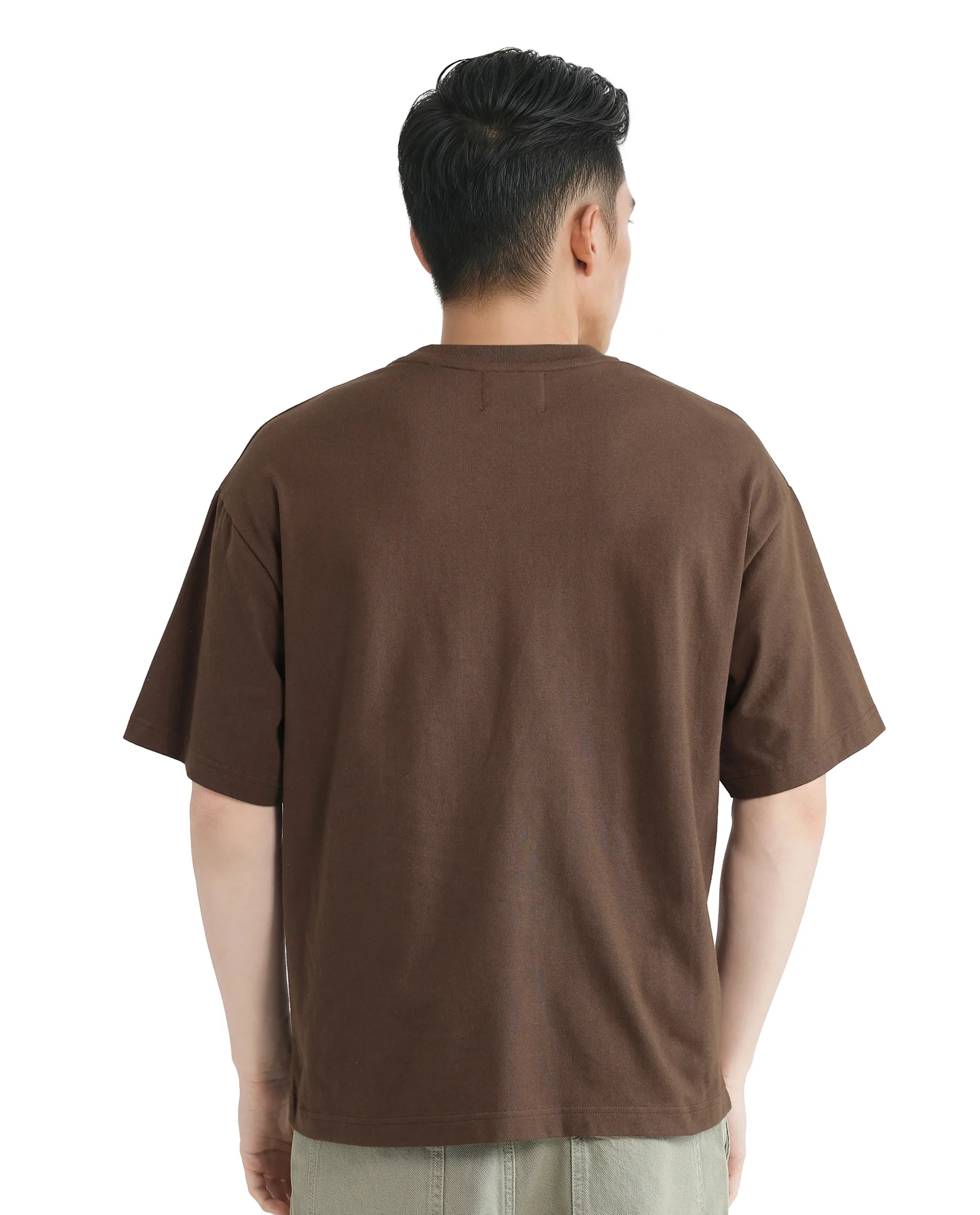 Rare Rabbit Men Faun Brown Cotton Fabric Short Sleeve Crew Neck Oversized Fit Graphic Print T-Shirt