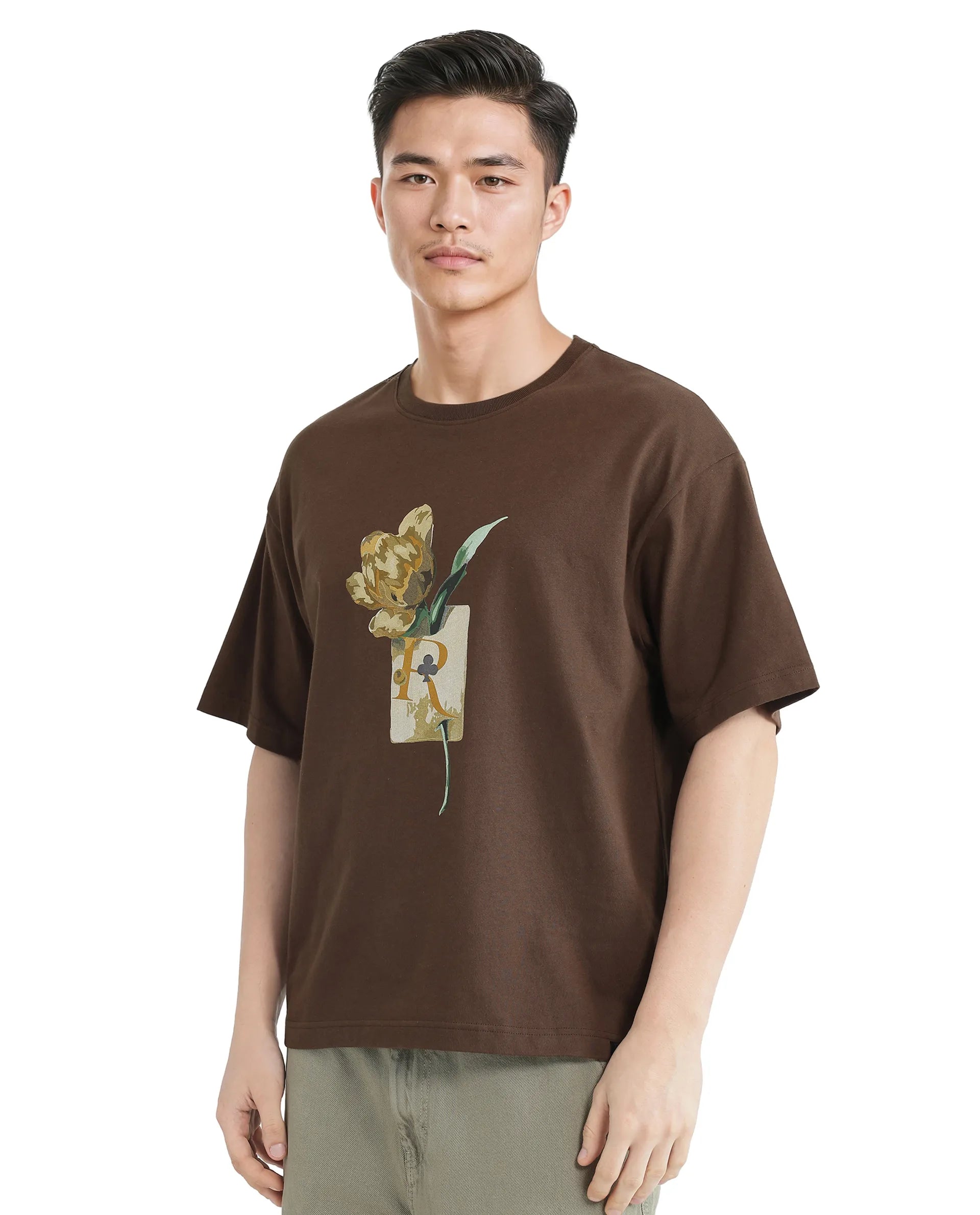 Rare Rabbit Men Faun Brown Cotton Fabric Short Sleeve Crew Neck Oversized Fit Graphic Print T-Shirt