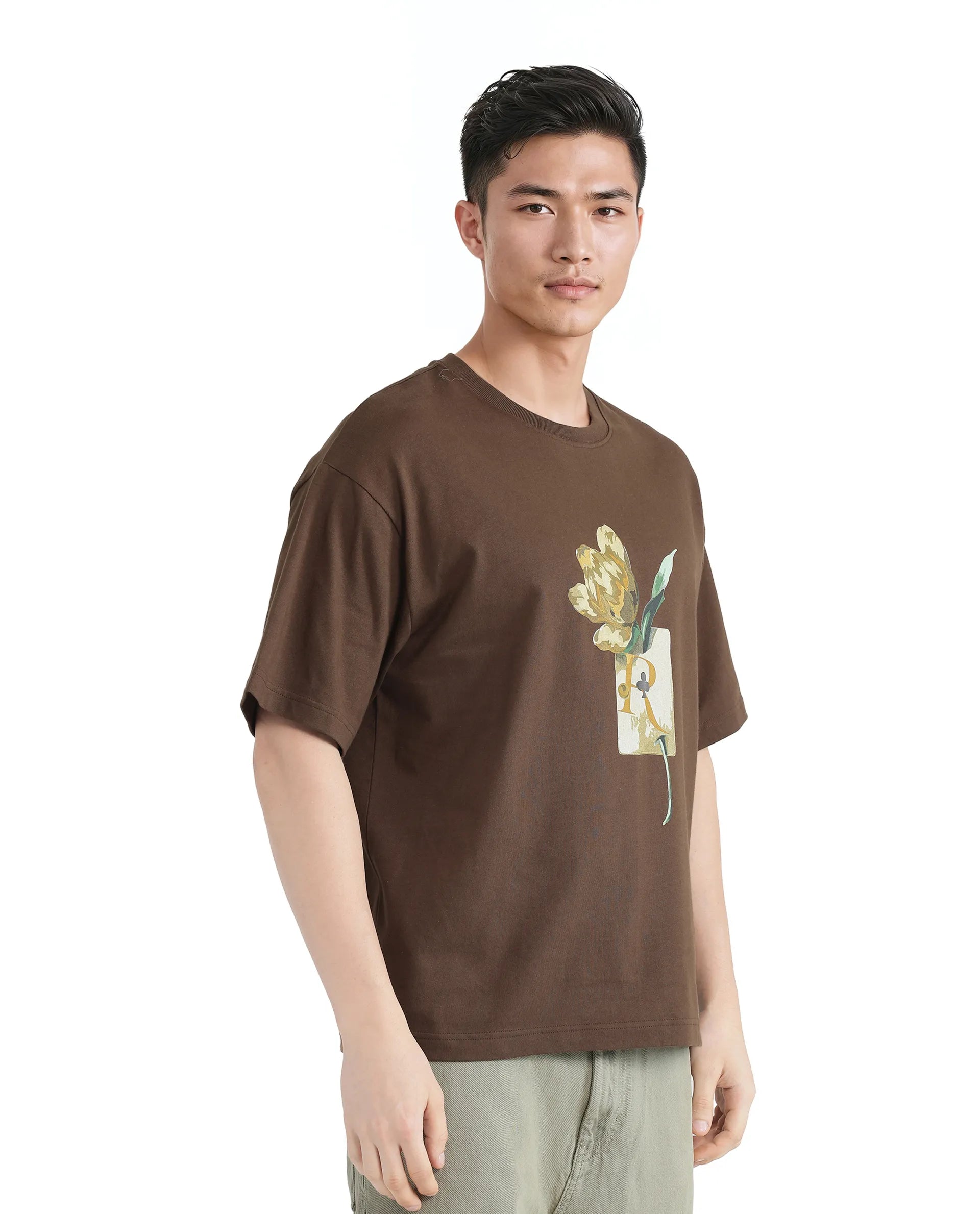 Rare Rabbit Men Faun Brown Cotton Fabric Short Sleeve Crew Neck Oversized Fit Graphic Print T-Shirt