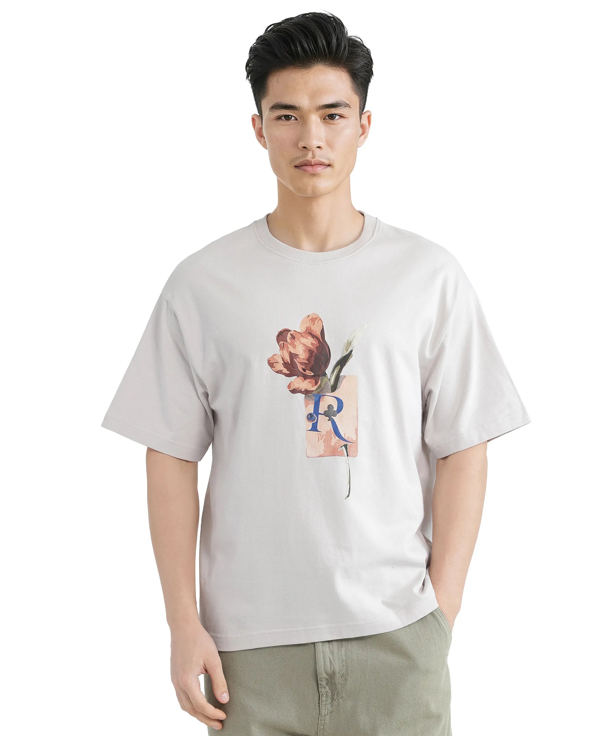Rare Rabbit Men Faun Light Grey Cotton Fabric Short Sleeve Crew Neck Oversized Fit Graphic Print T-Shirt