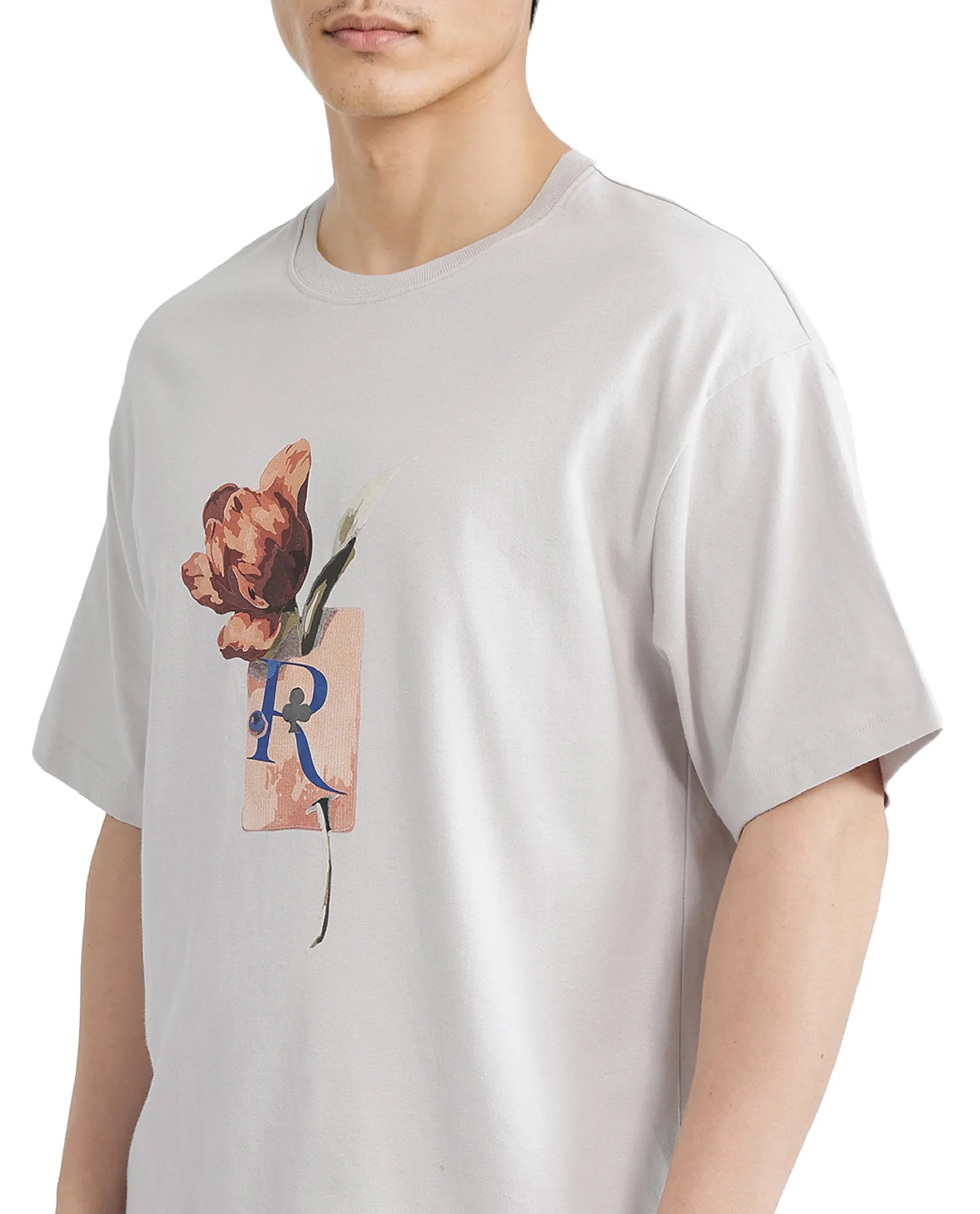 Rare Rabbit Men Faun Light Grey Cotton Fabric Short Sleeve Crew Neck Oversized Fit Graphic Print T-Shirt