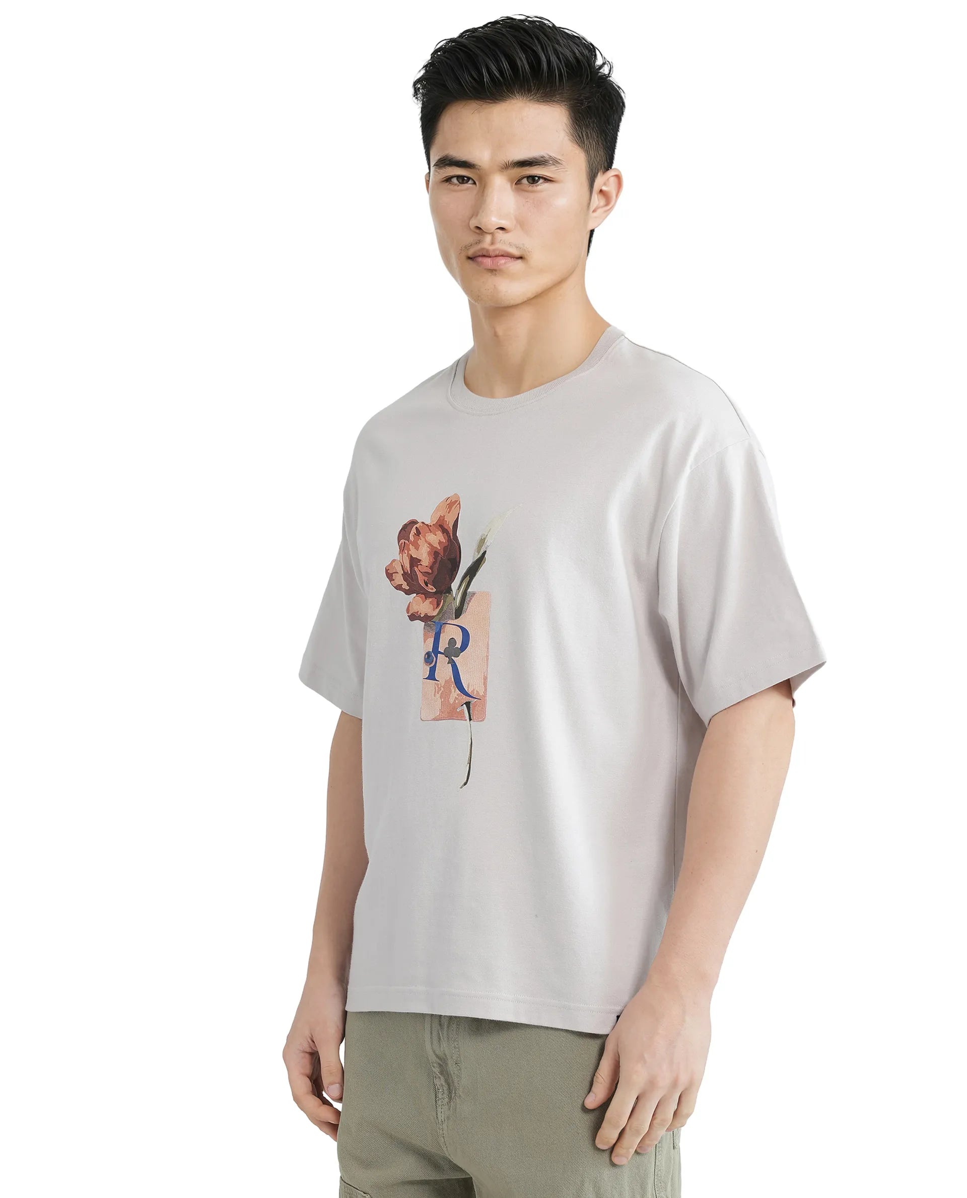 Rare Rabbit Men Faun Light Grey Cotton Fabric Short Sleeve Crew Neck Oversized Fit Graphic Print T-Shirt