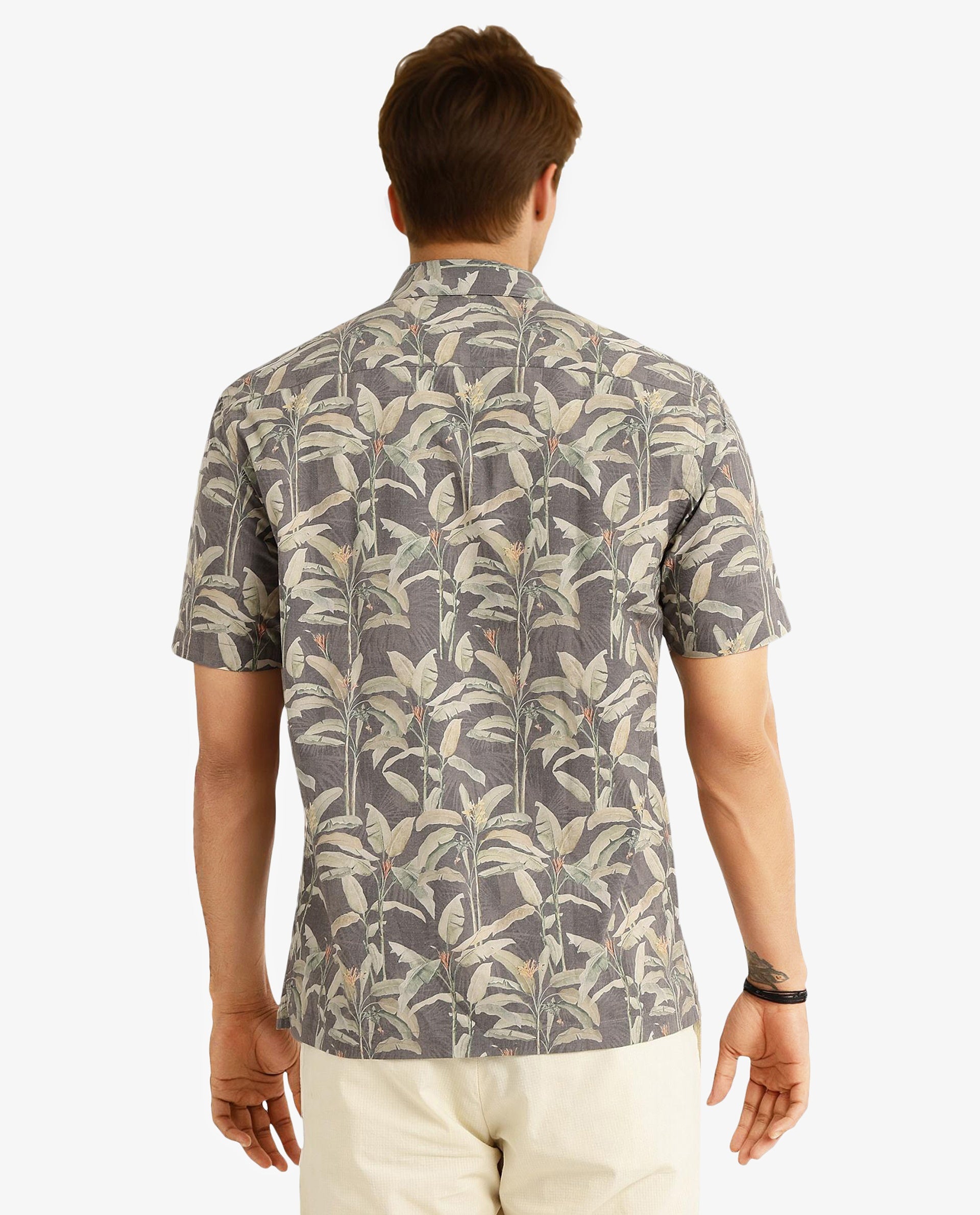 Rare Rabbit Men Faus Light Brown Polyester Viscose Fabric Short Sleeves Boxy Fit Tropical Print Shirt