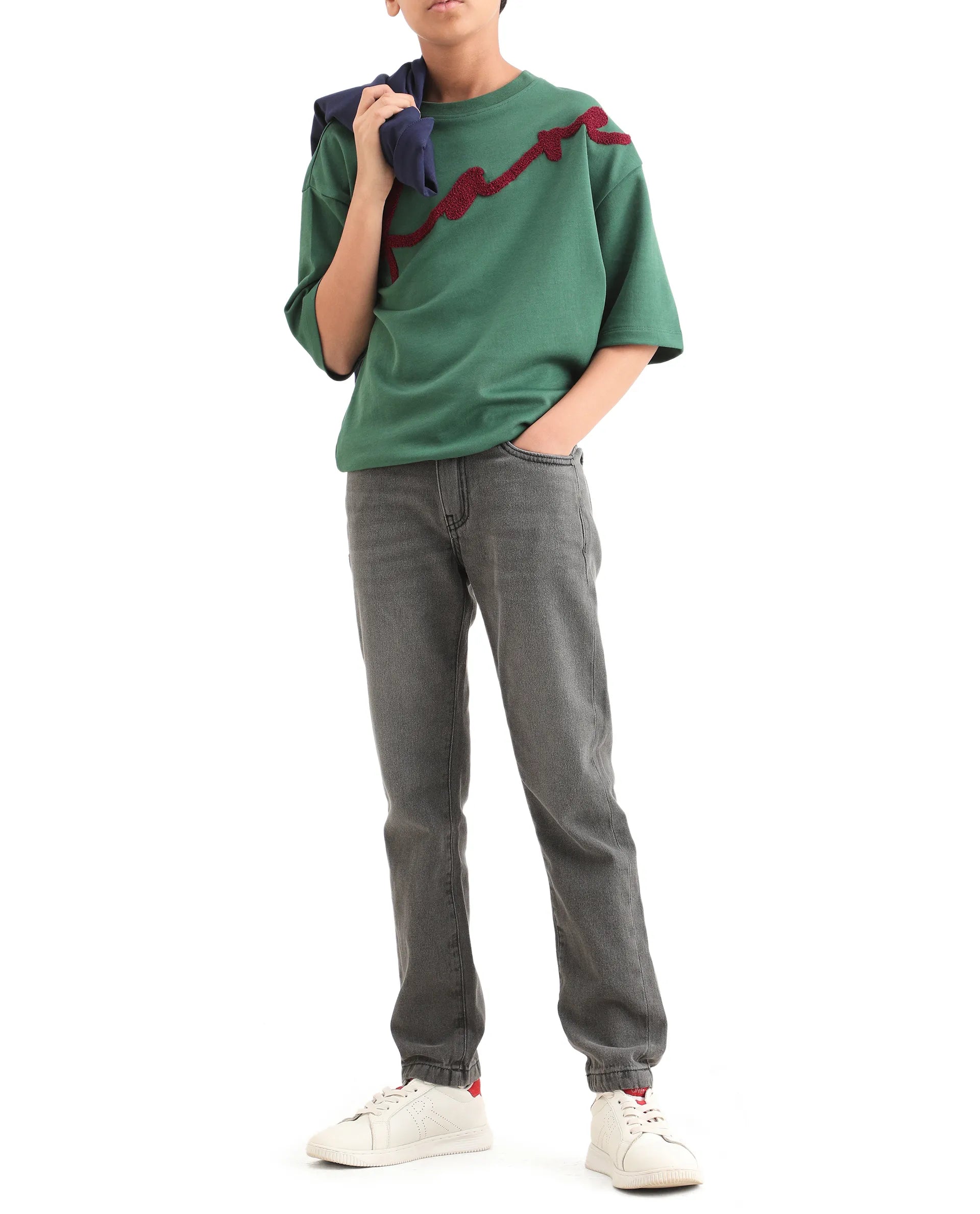 Rare Ones Kids Fazz Grey Cotton Button And Zipper Closure Plain Slim Fit Jeans