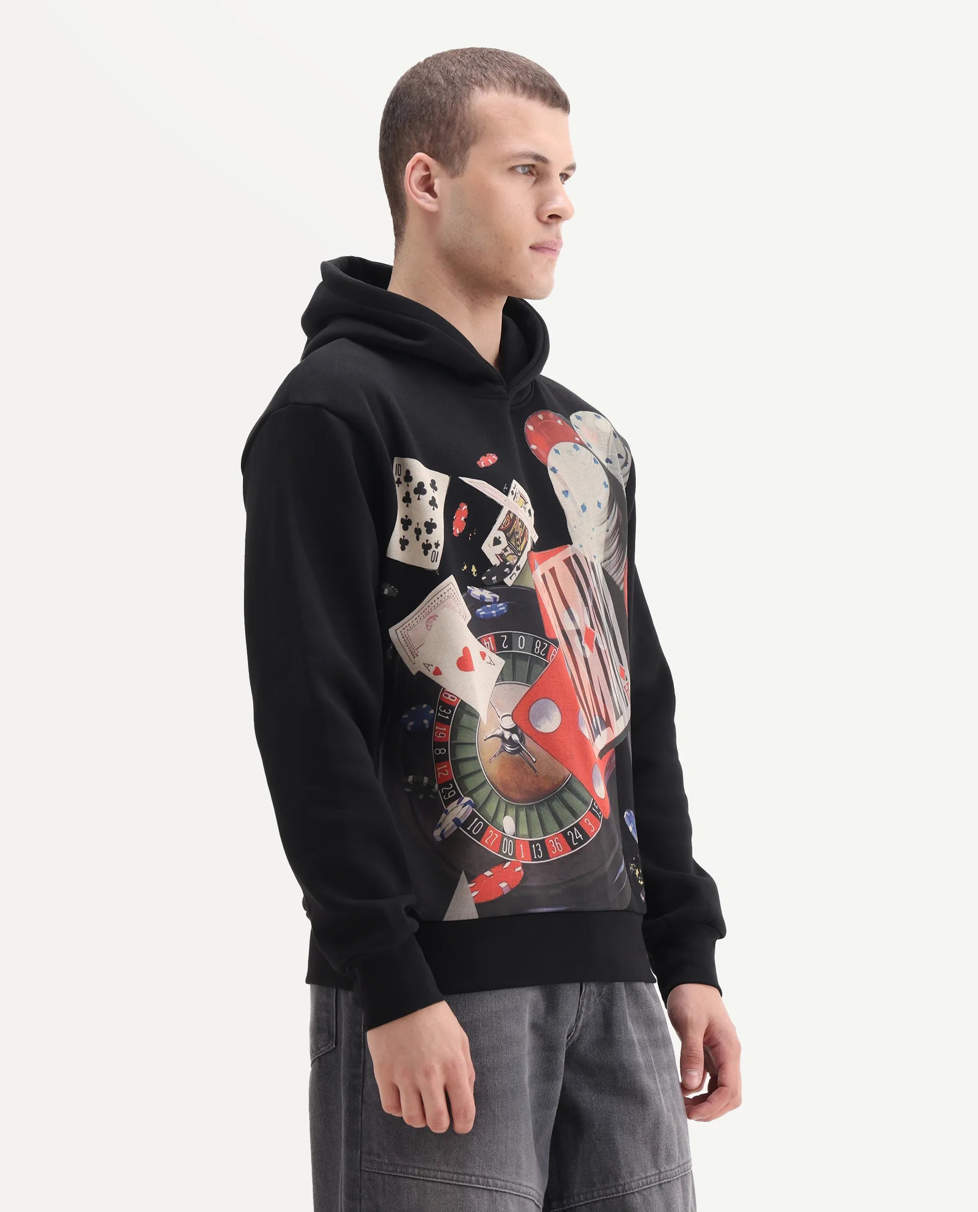 Rare Rabbit Men's Febo Black Cotton Blend Fabric Full Sleeves Hooded Graphic Print Sweatshirt