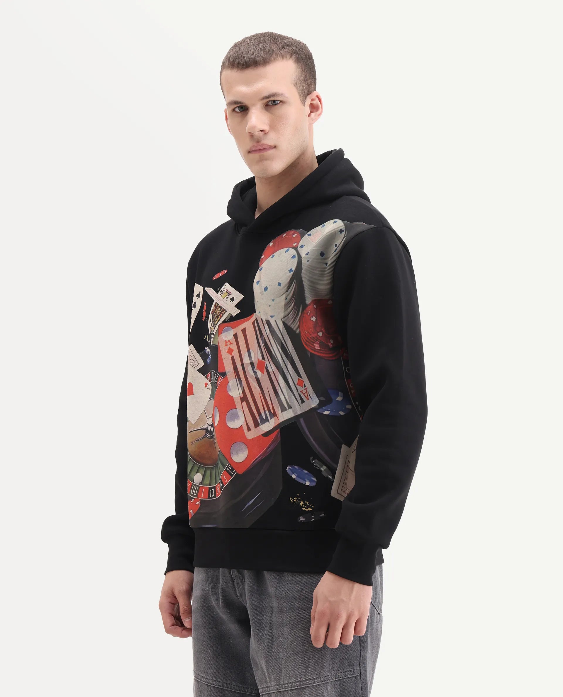 Rare Rabbit Men's Febo Black Cotton Blend Fabric Full Sleeves Hooded Graphic Print Sweatshirt