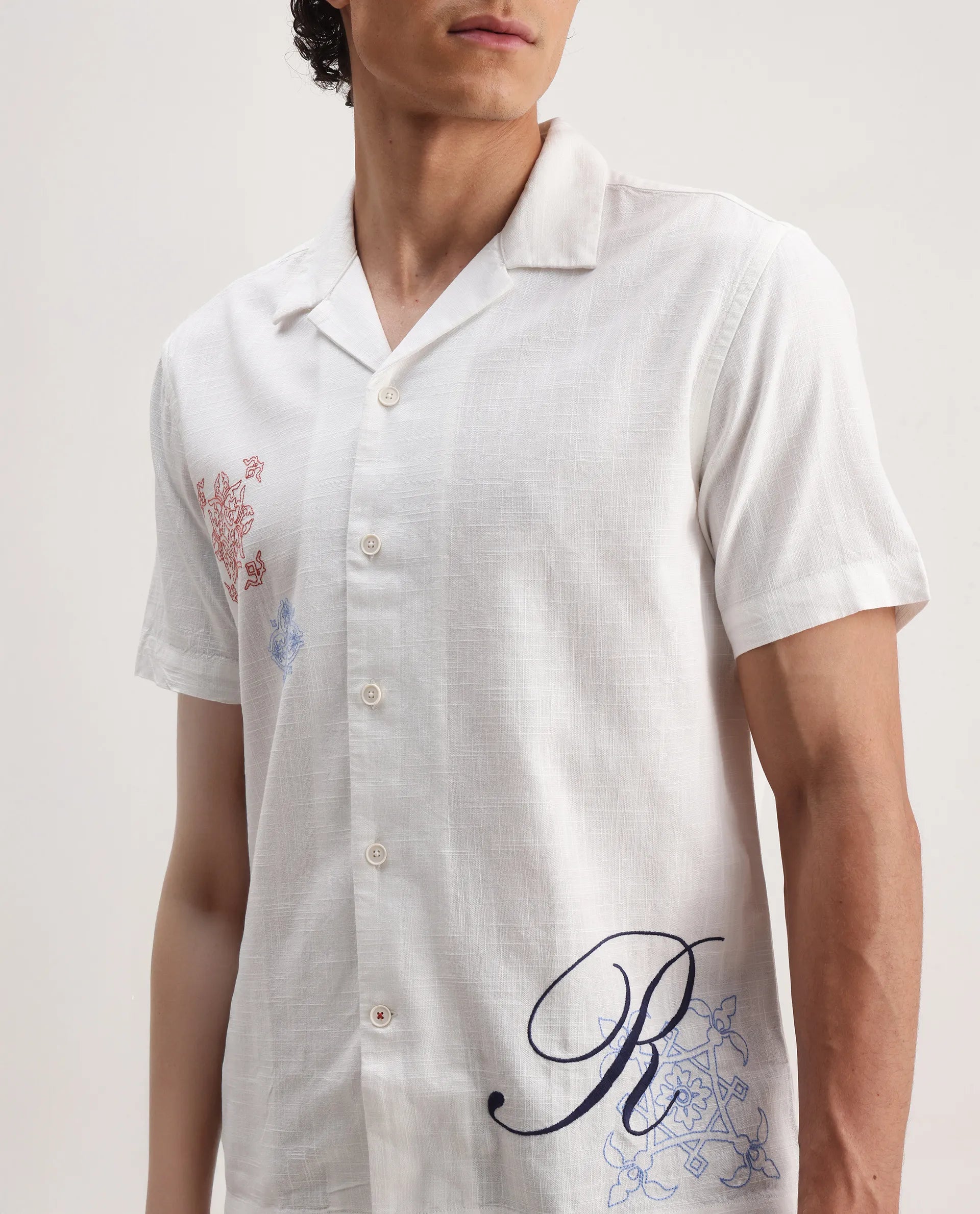 Rare Rabbit Men's Fedger White Viscose Embroidered Boxy Fit Half Sleeve Cuban Collar Shirt