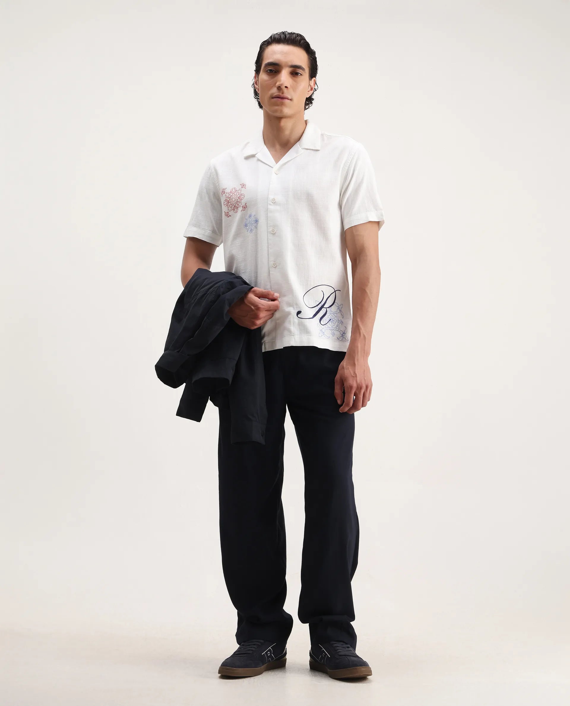 Rare Rabbit Men's Fedger White Viscose Embroidered Boxy Fit Half Sleeve Cuban Collar Shirt