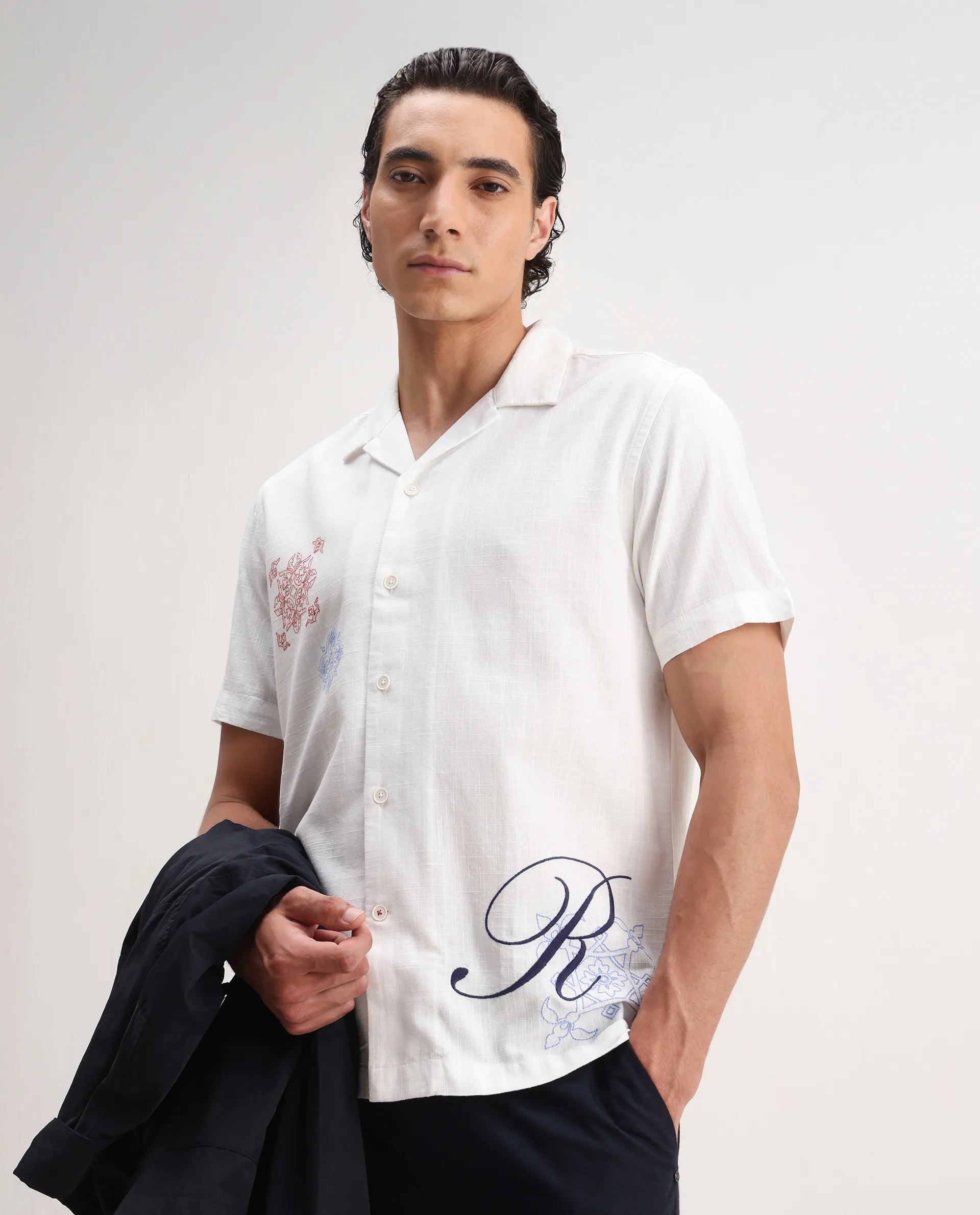 Rare Rabbit Men's Fedger White Viscose Embroidered Boxy Fit Half Sleeve Cuban Collar Shirt