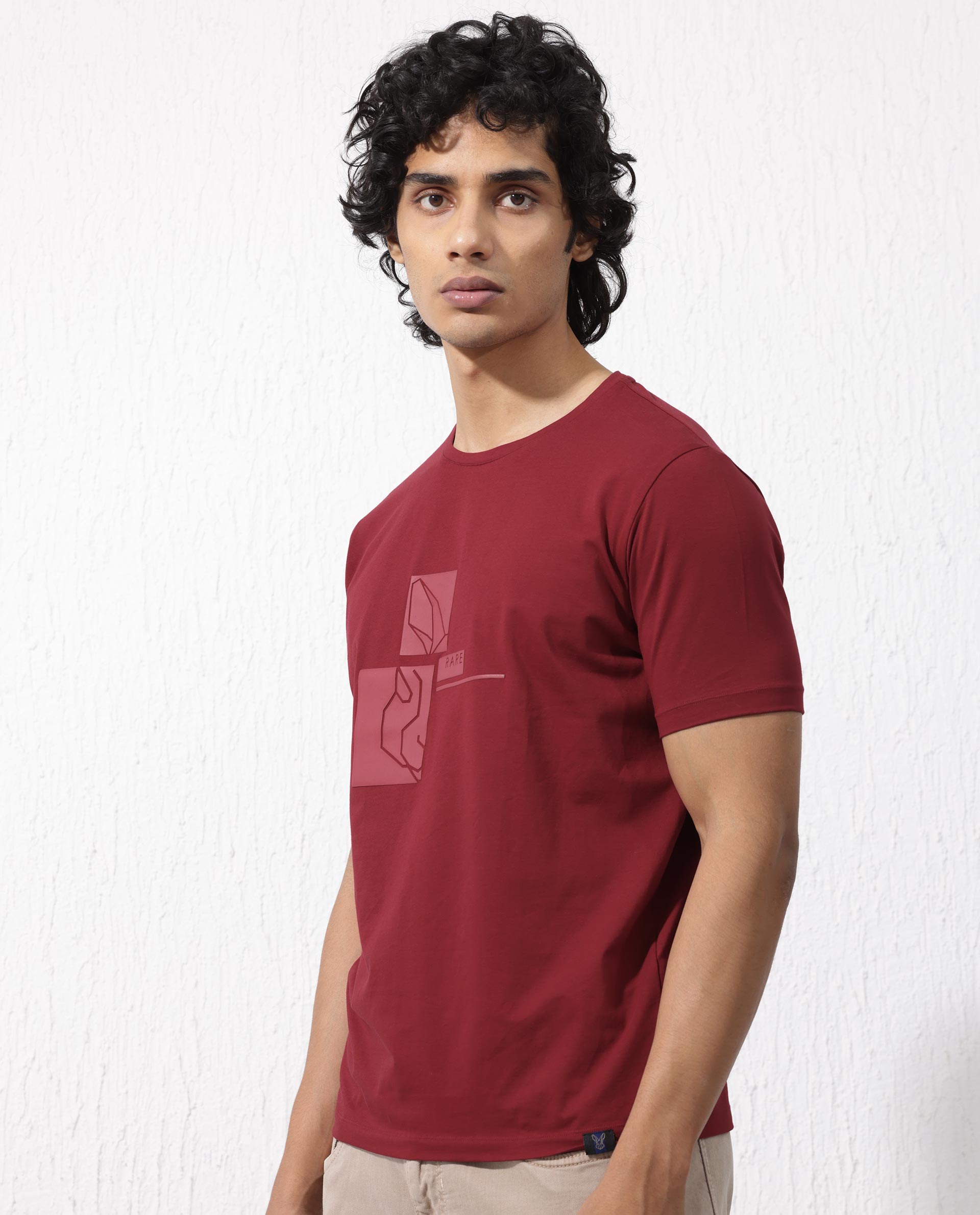 Rare Rabbit Mens Feine Red Cotton Lycra Fabric Short Sleeve Regular Fit Graphic Logo Print T-Shirt