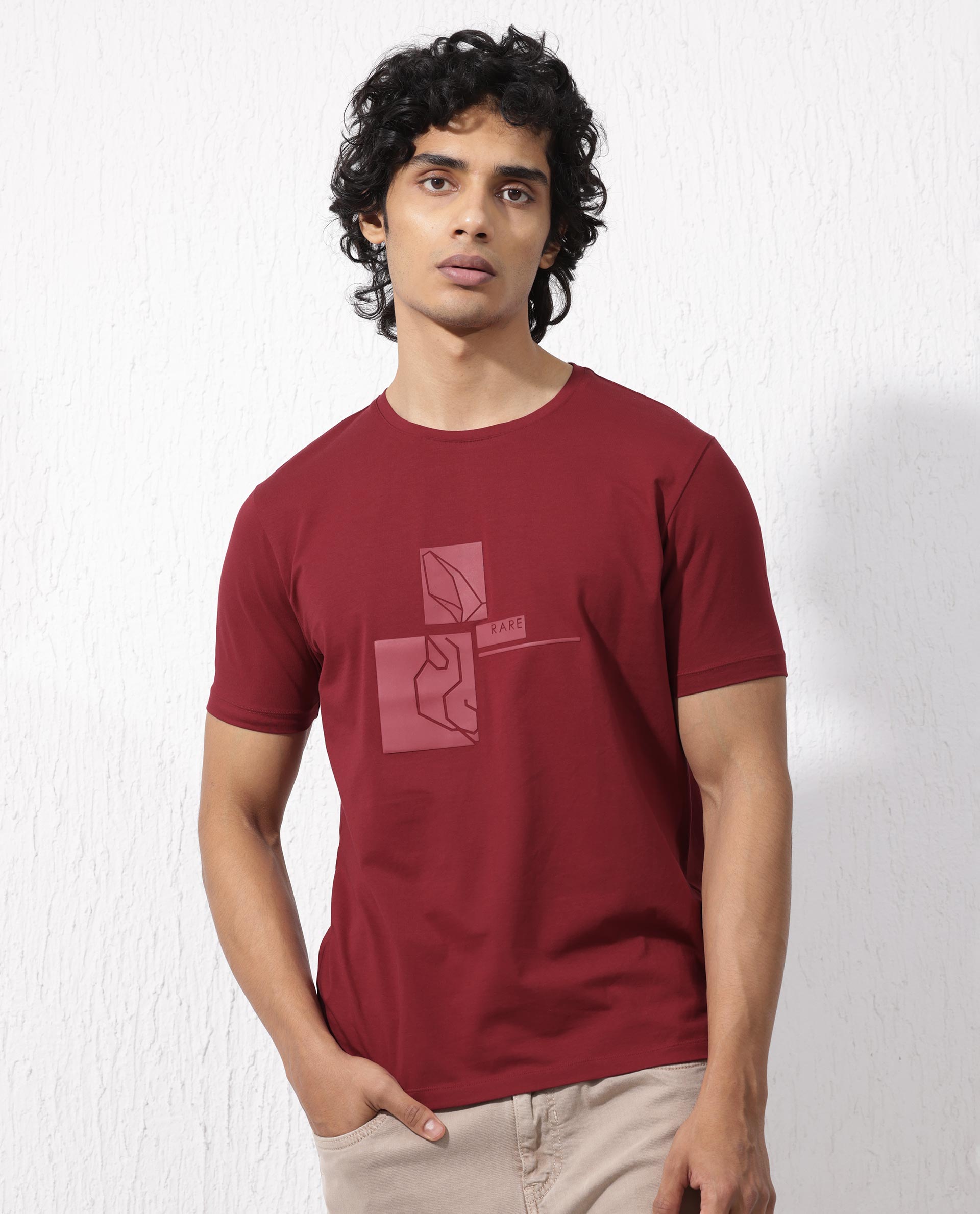 Rare Rabbit Mens Feine Red Cotton Lycra Fabric Short Sleeve Regular Fit Graphic Logo Print T-Shirt