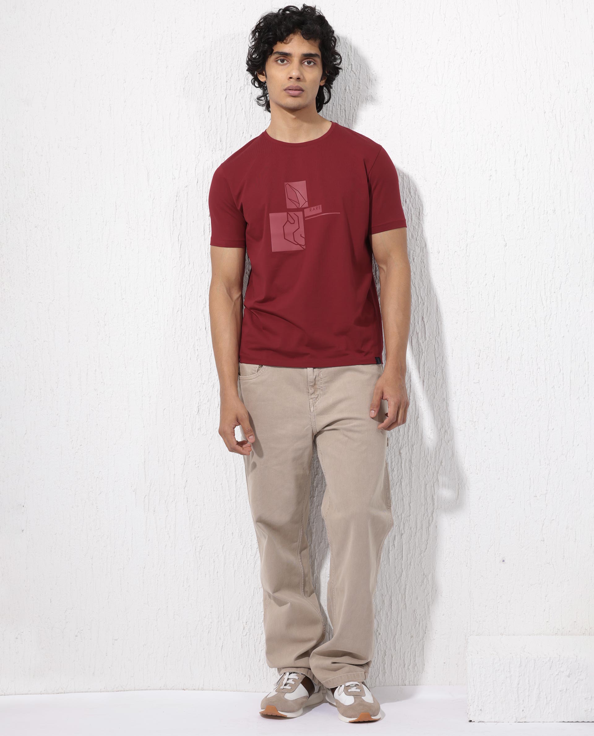 Rare Rabbit Mens Feine Red Cotton Lycra Fabric Short Sleeve Regular Fit Graphic Logo Print T-Shirt