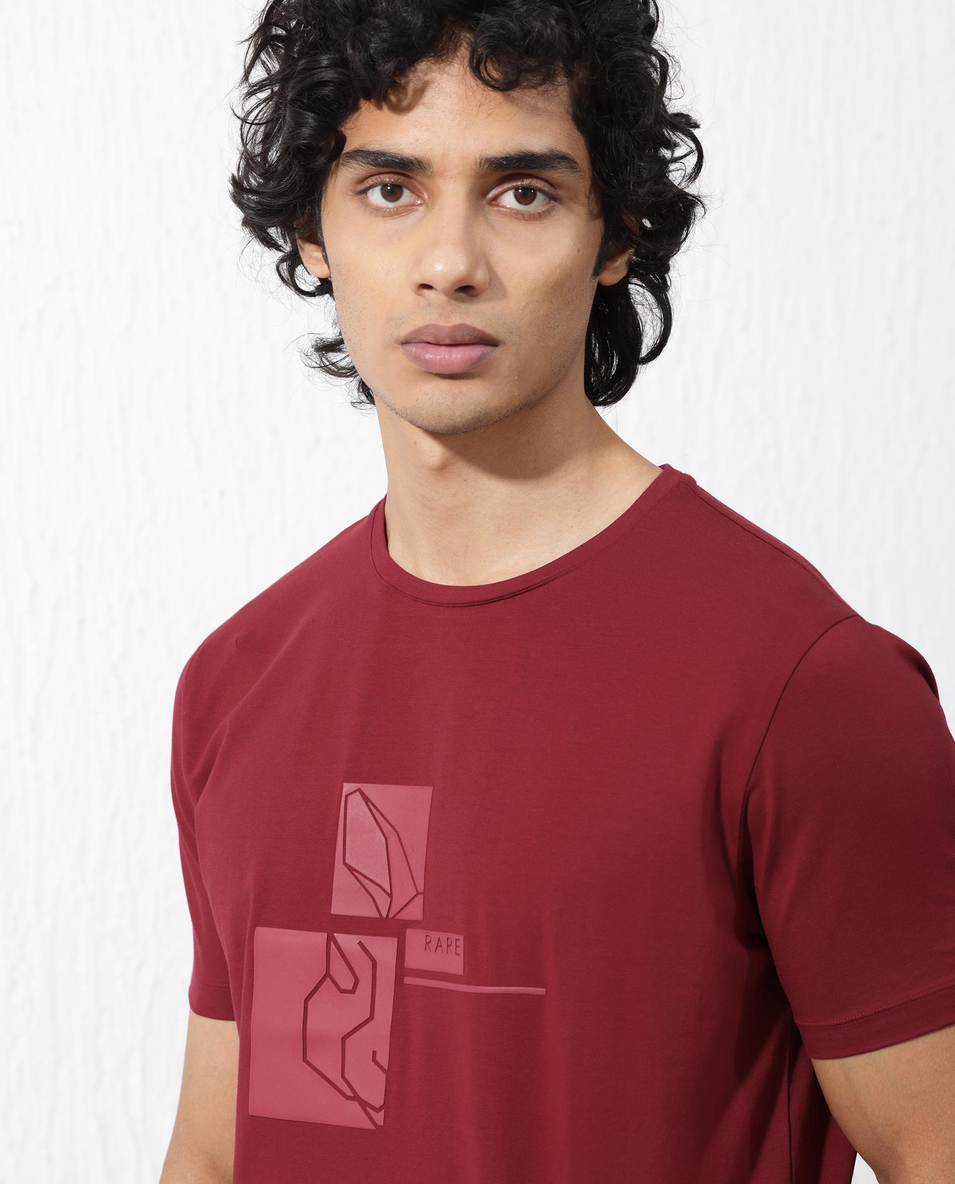 Rare Rabbit Mens Feine Red Cotton Lycra Fabric Short Sleeve Regular Fit Graphic Logo Print T-Shirt