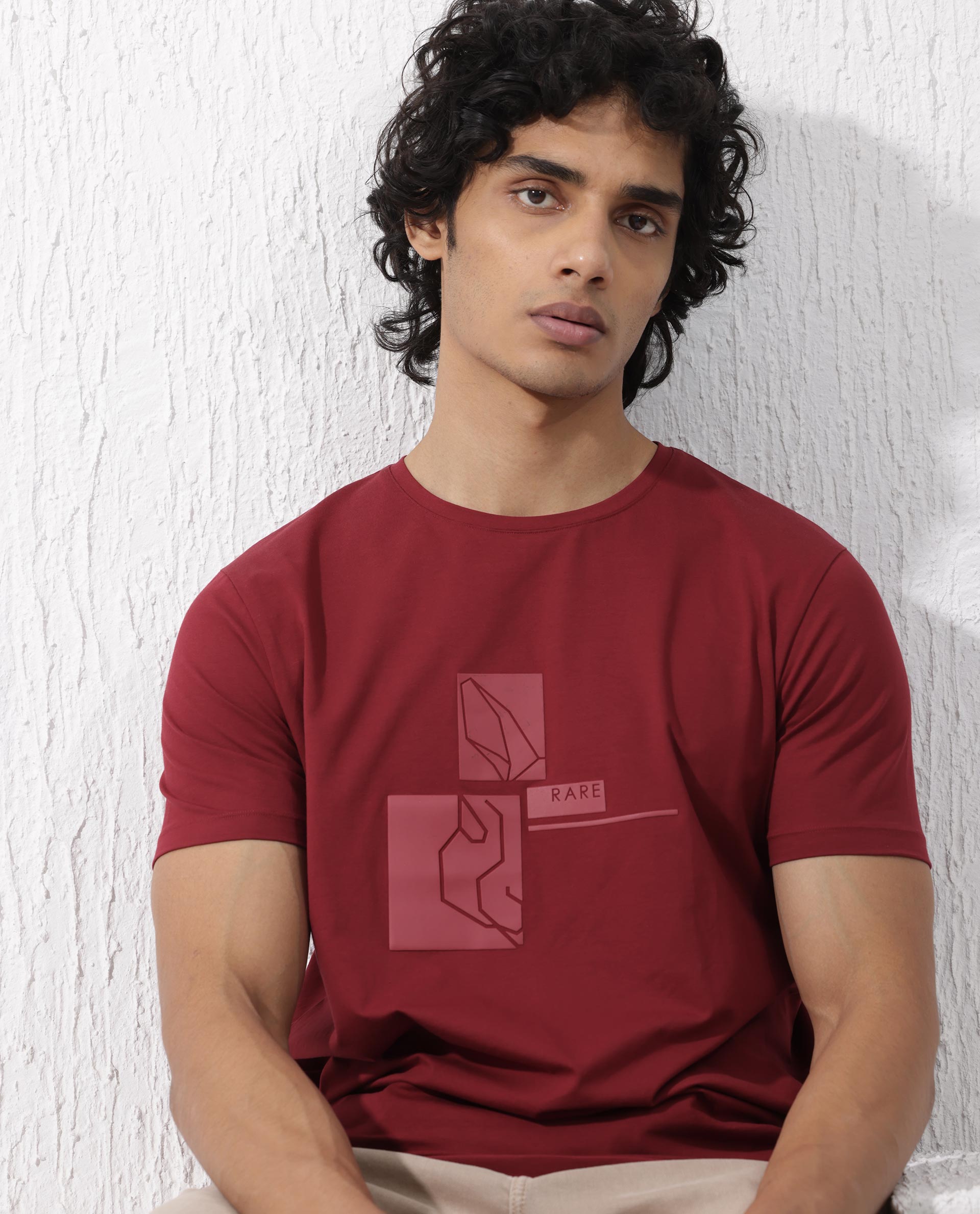 Rare Rabbit Mens Feine Red Cotton Lycra Fabric Short Sleeve Regular Fit Graphic Logo Print T-Shirt