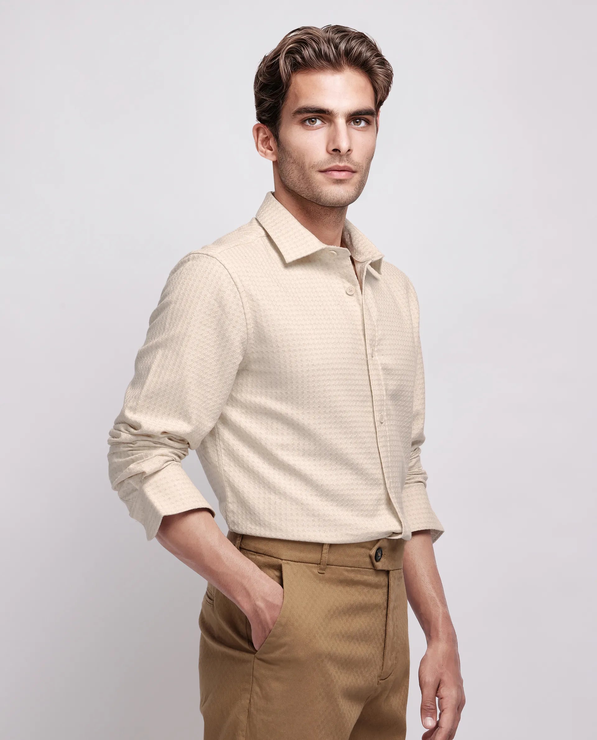 Rare Rabbit Men's Fei Ls Beige Cotton Textured Regular Fit Full Sleeve Collared Shirt