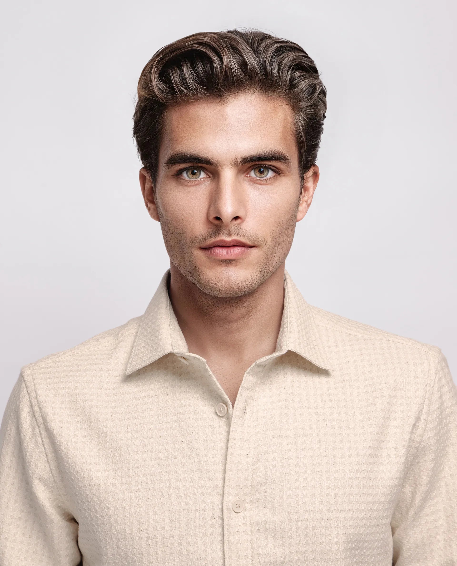 Rare Rabbit Men's Fei Ls Beige Cotton Textured Regular Fit Full Sleeve Collared Shirt